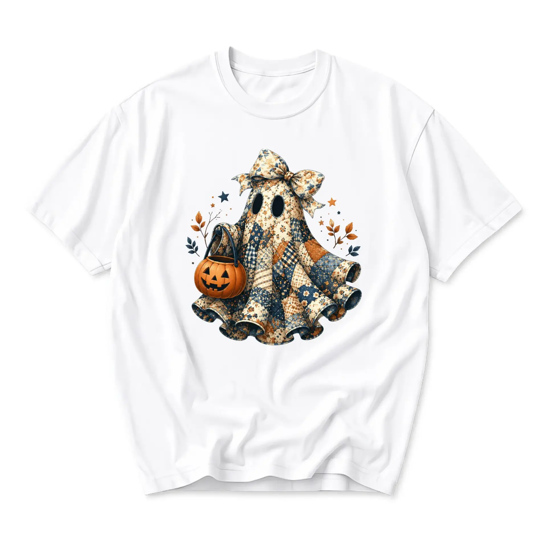 Graphic Tee Unisex Ghost Pumpkin Quilt Pattern Print Fall Season Casual Short Sleeve Crew Neck Cotton Blend Shirt