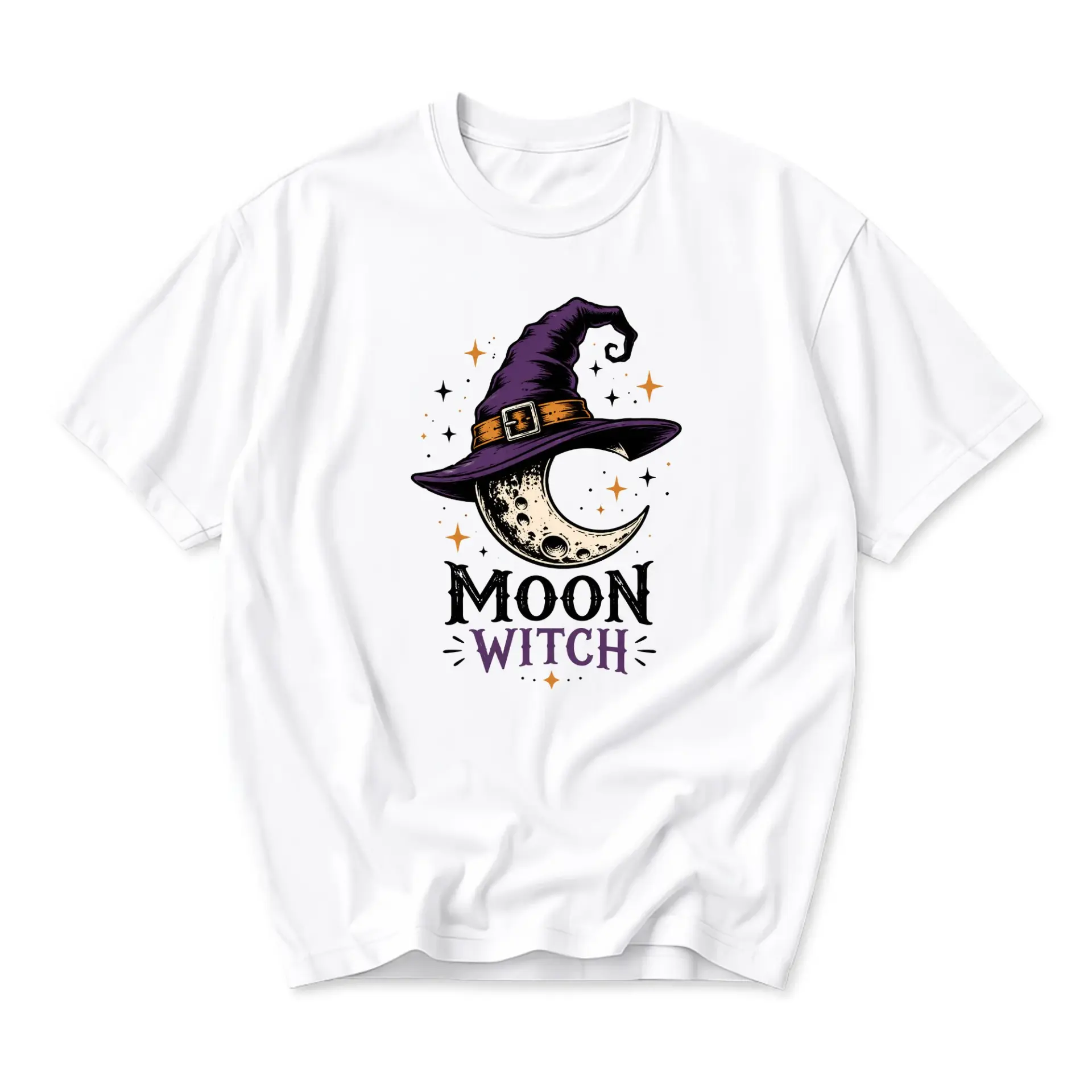 Graphic Tee Moon Witch Celestial Theme Unisex Crew Neck Short Sleeve Shirt for Casual Everyday Fashion Wear White