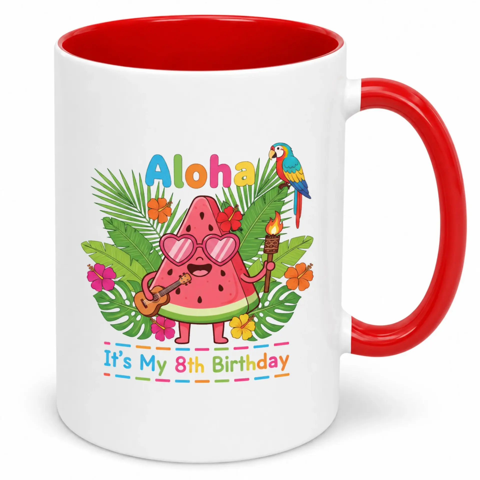 8th Birthday Coffee Mug for Celebrations, Fun Aloha Tropical Watermelon Design Ceramic Mug, Unique Gift for Eighth Birthday