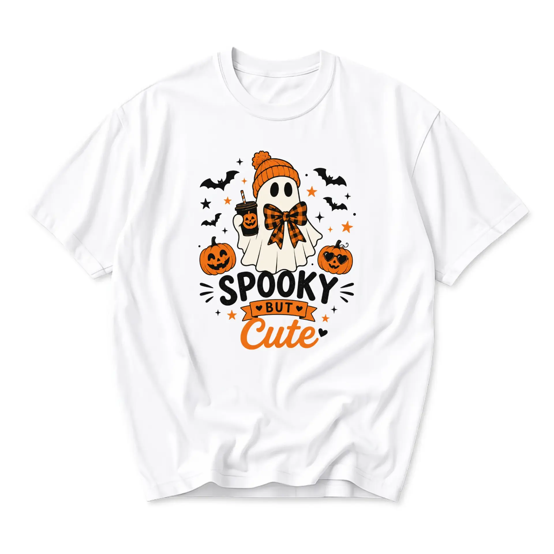 Funny Shirt Spooky but Cute Halloween Ghost Graphic Tee Unisex Crew Neck Casual Cotton Blend Apparel for Autumn Seasons