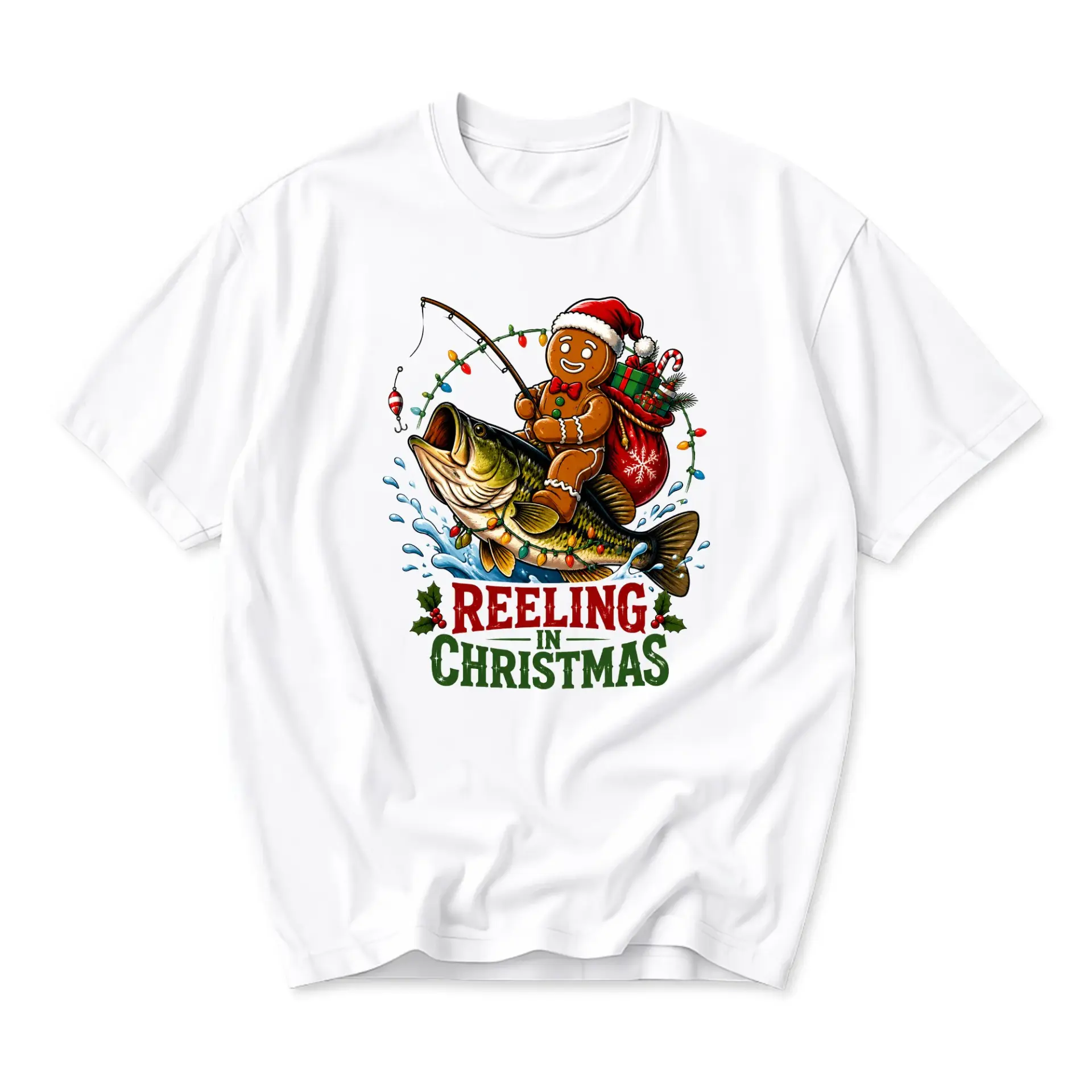 Funny Shirt Reeling in Christmas Gingerbread Fishing Graphic T-Shirt Casual