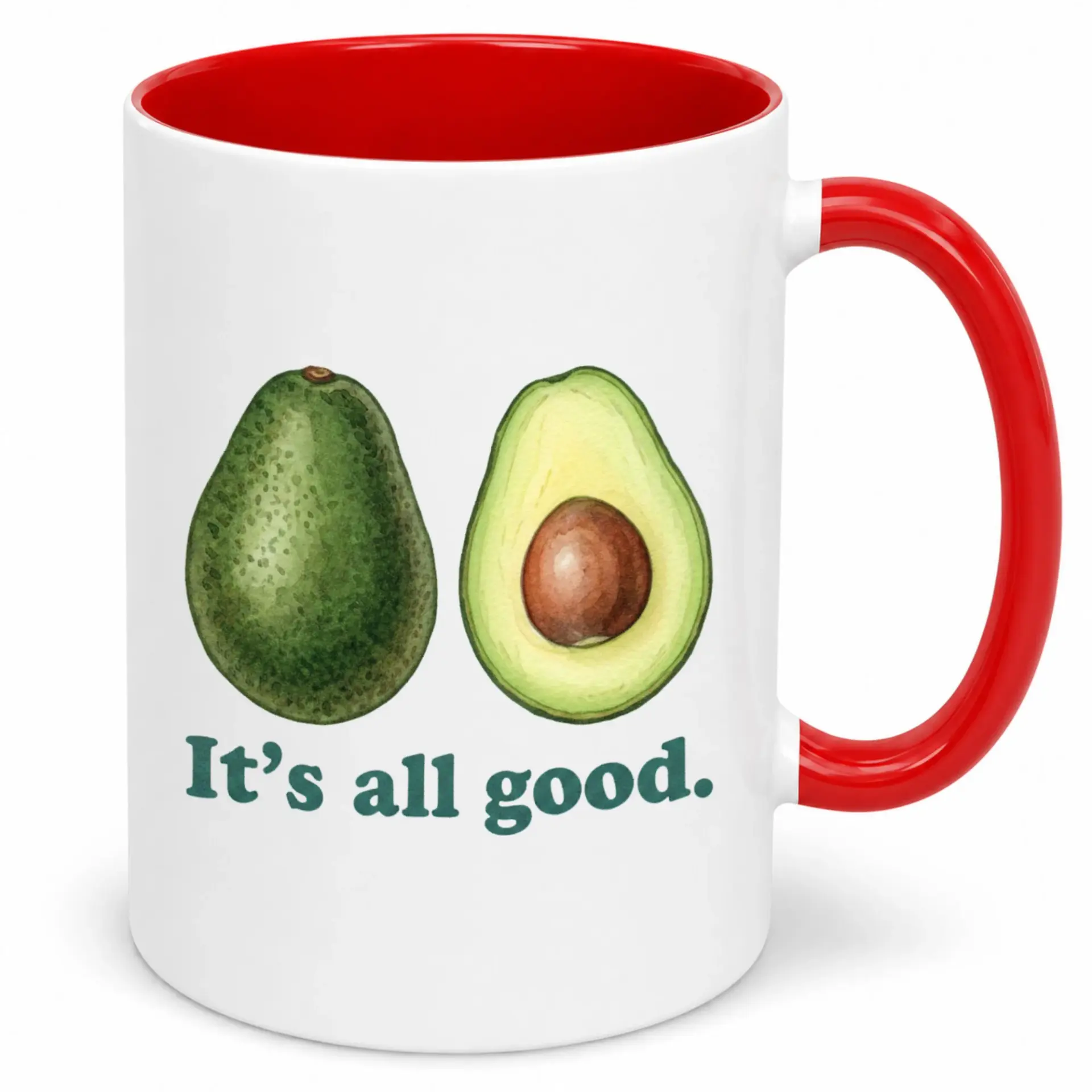 Funny Avocado Lovers Coffee Mug It's All Good Kitchen Ceramic Beverage Cup with Red Handle