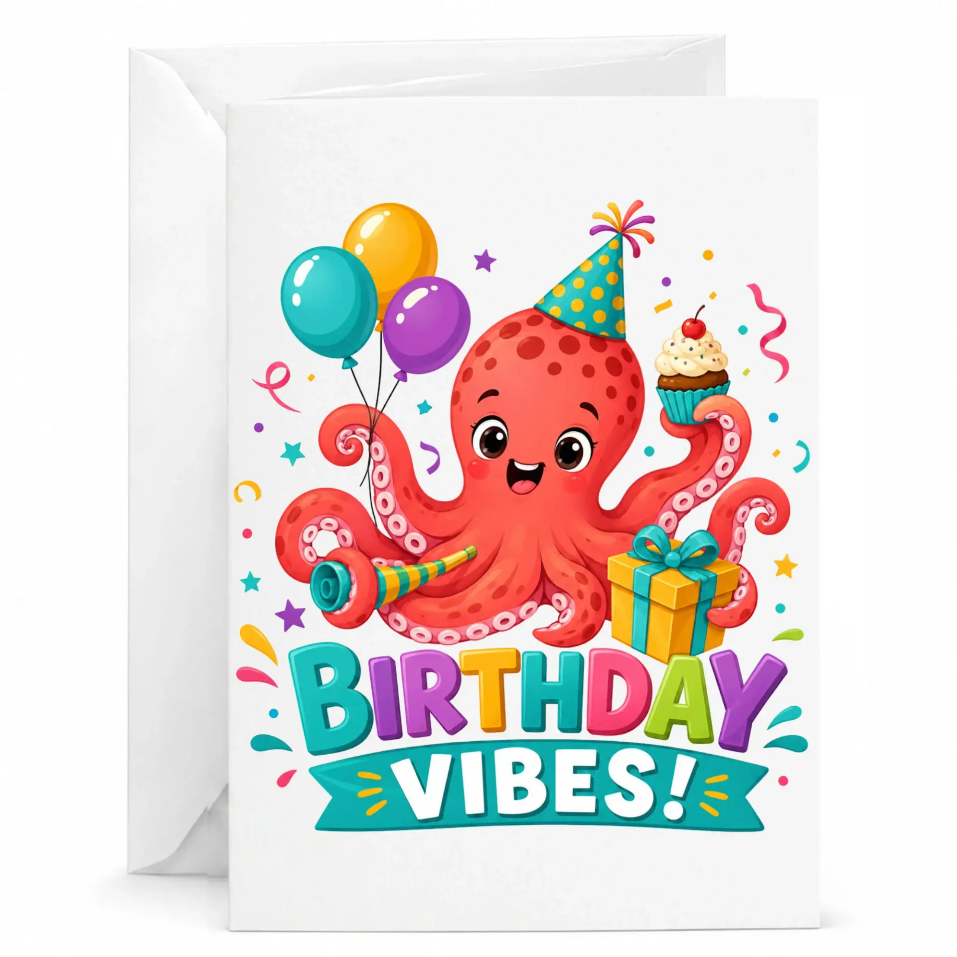 Birthday Card Vibes Illustration Fun Party Greeting with White Envelope 5x7 Inches