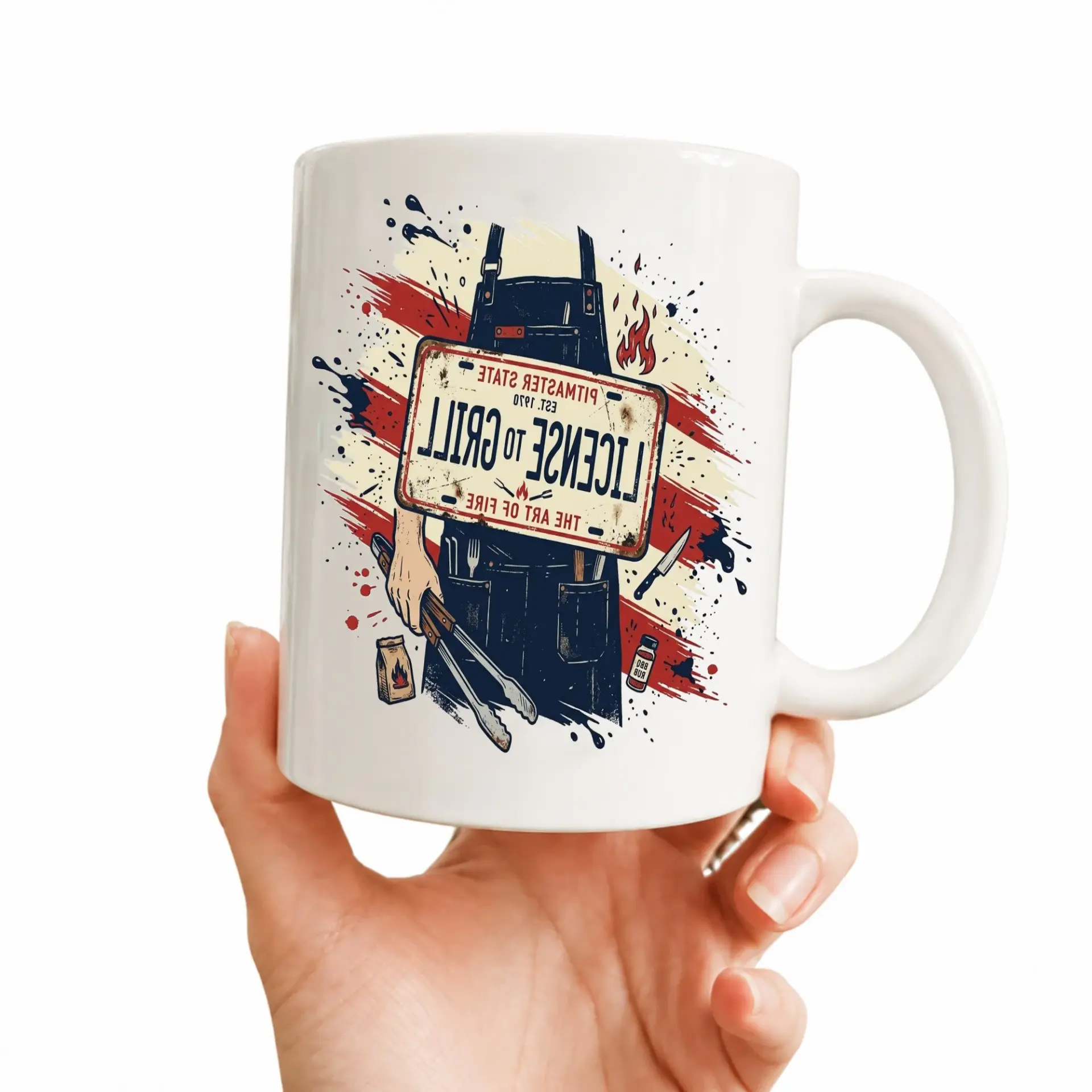 Funny License to Grill Ceramic Coffee Mug for Barbecue Enthusiasts Blue Handle Accent Cup Pitmasters and Outdoor Cooks