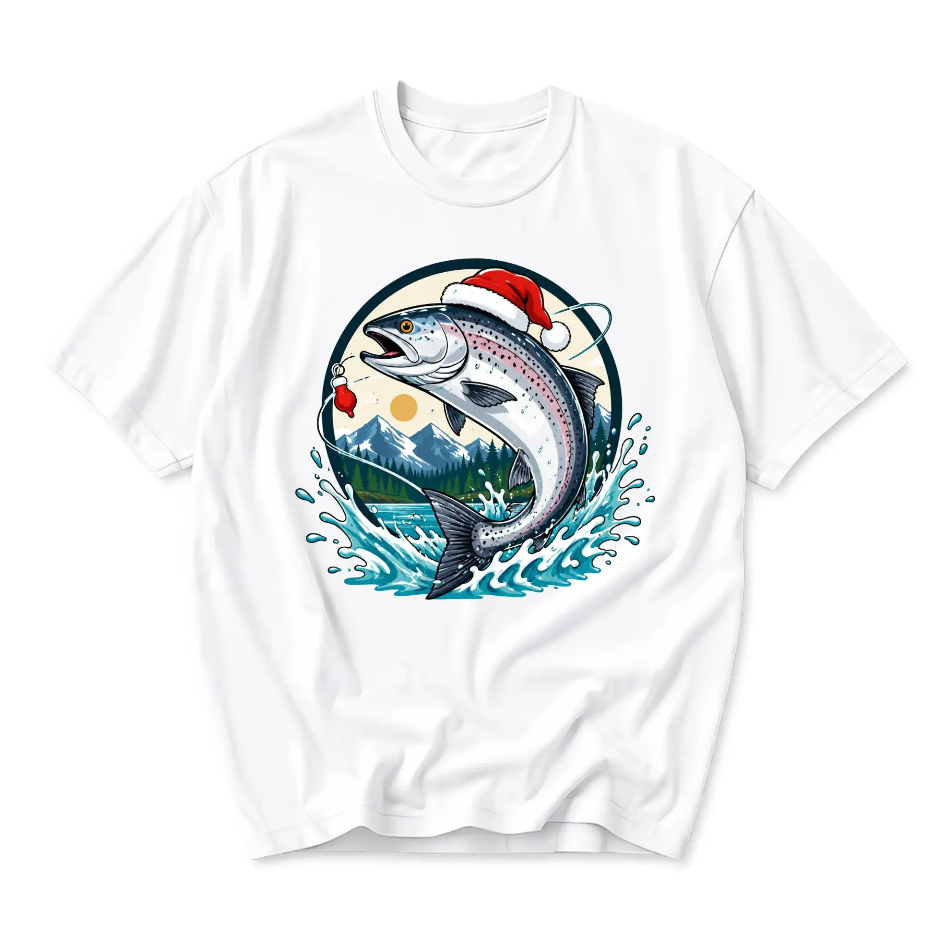 Graphic Tee Christmas Fishing Shirt Featuring a Jumping Trout with Santa Hat Outdoors Apparel for Enthusiasts