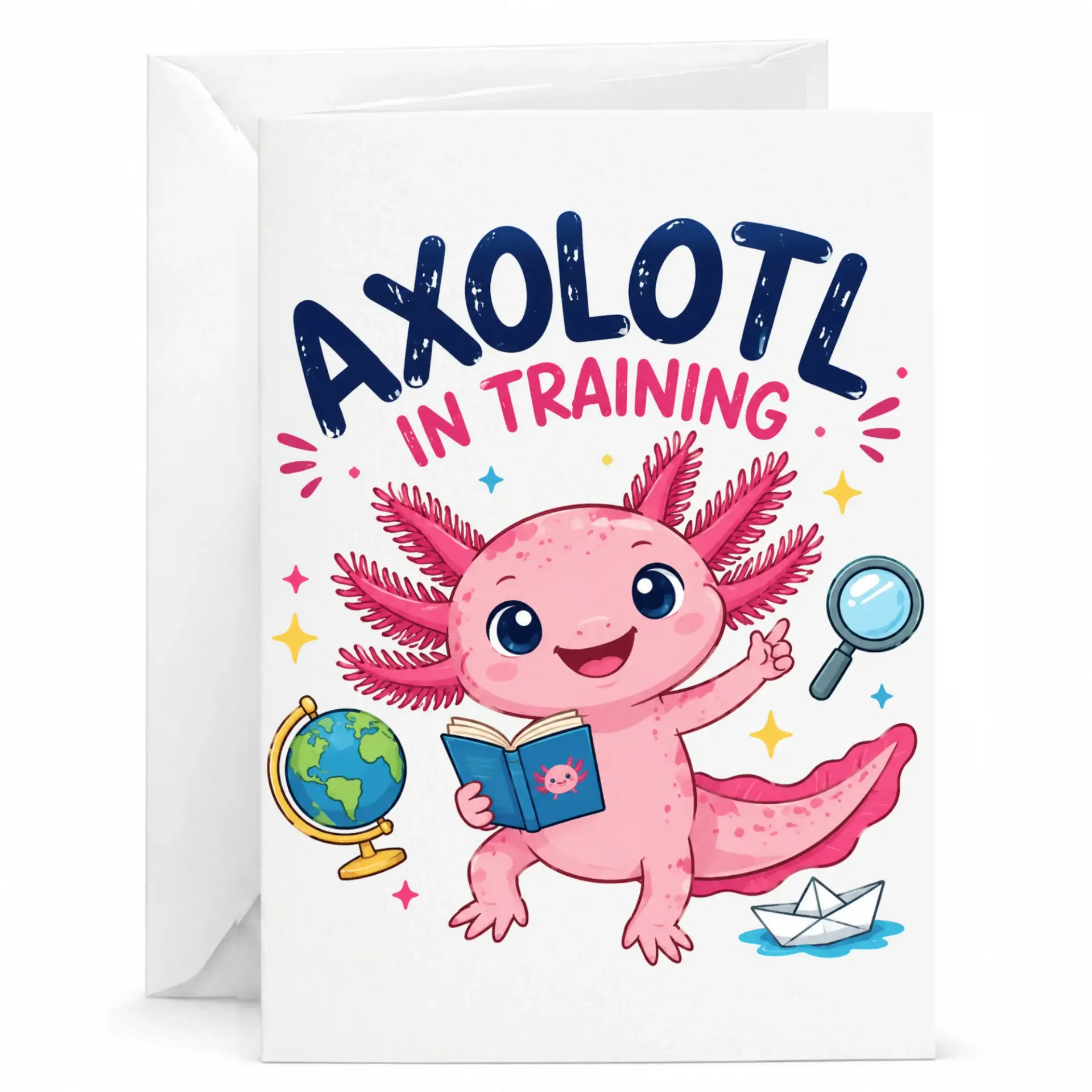 Funny Axolotl in Greeting Card with Envelope Cute Pink Aquatic Salamander Art for Encouragement Note