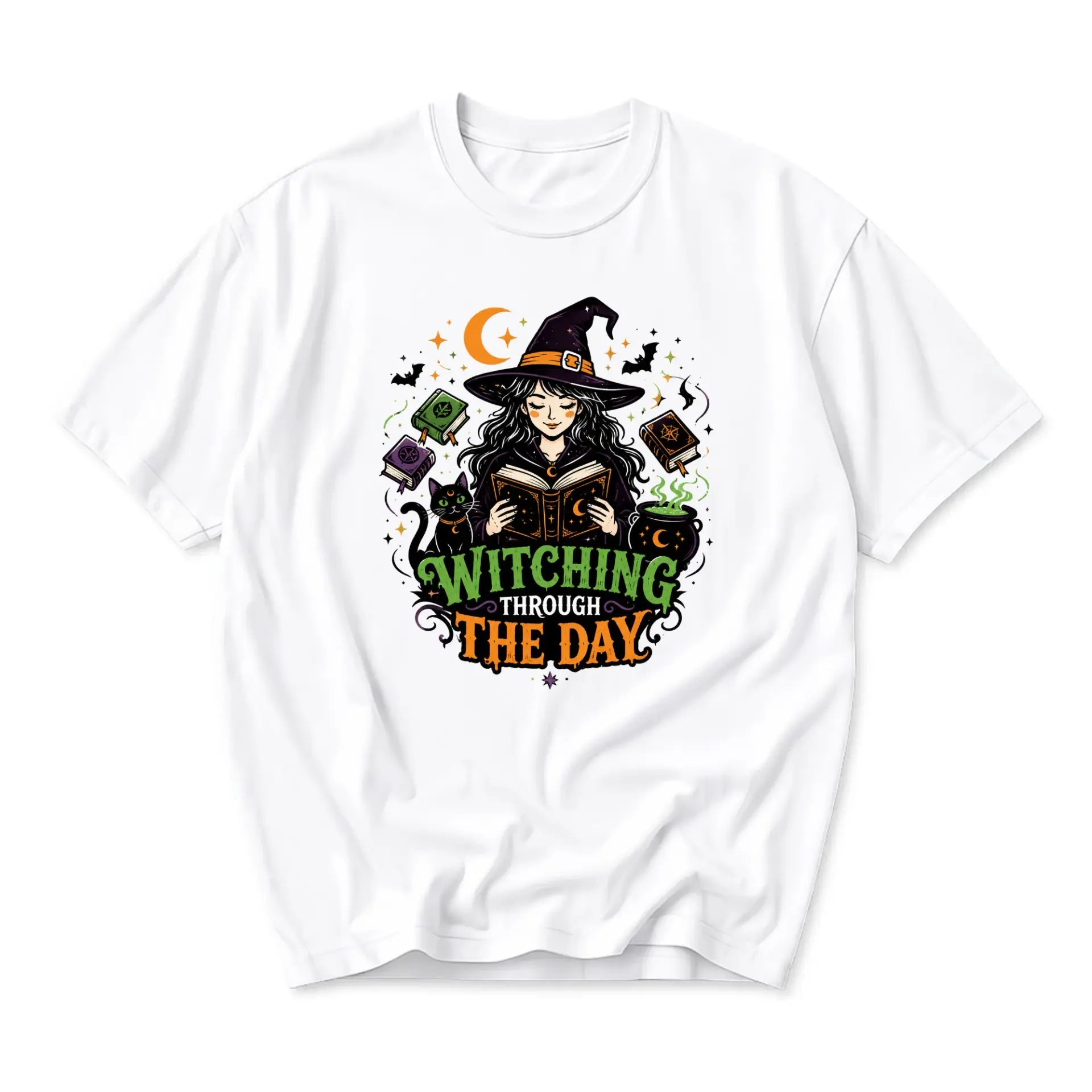 Graphic Tee Witching Through the Day Unisex Shirt Featuring Witch Reading with Magic Cat and Potions Artwork
