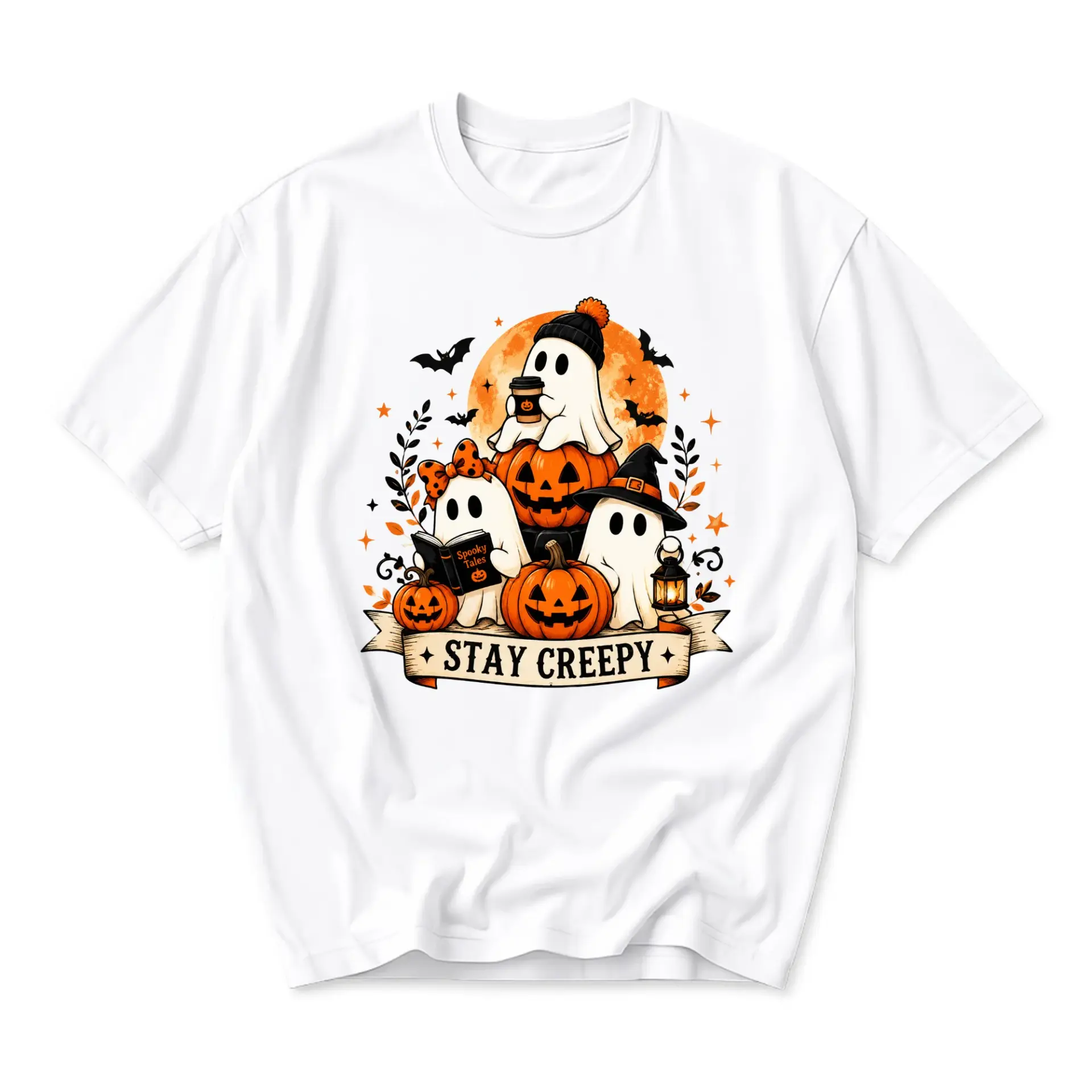 Graphic Tee Stay Creepy Halloween Ghost Pumpkin Illustration Unisex Casual Crew Neck Comfortable Cotton Blend Shirt