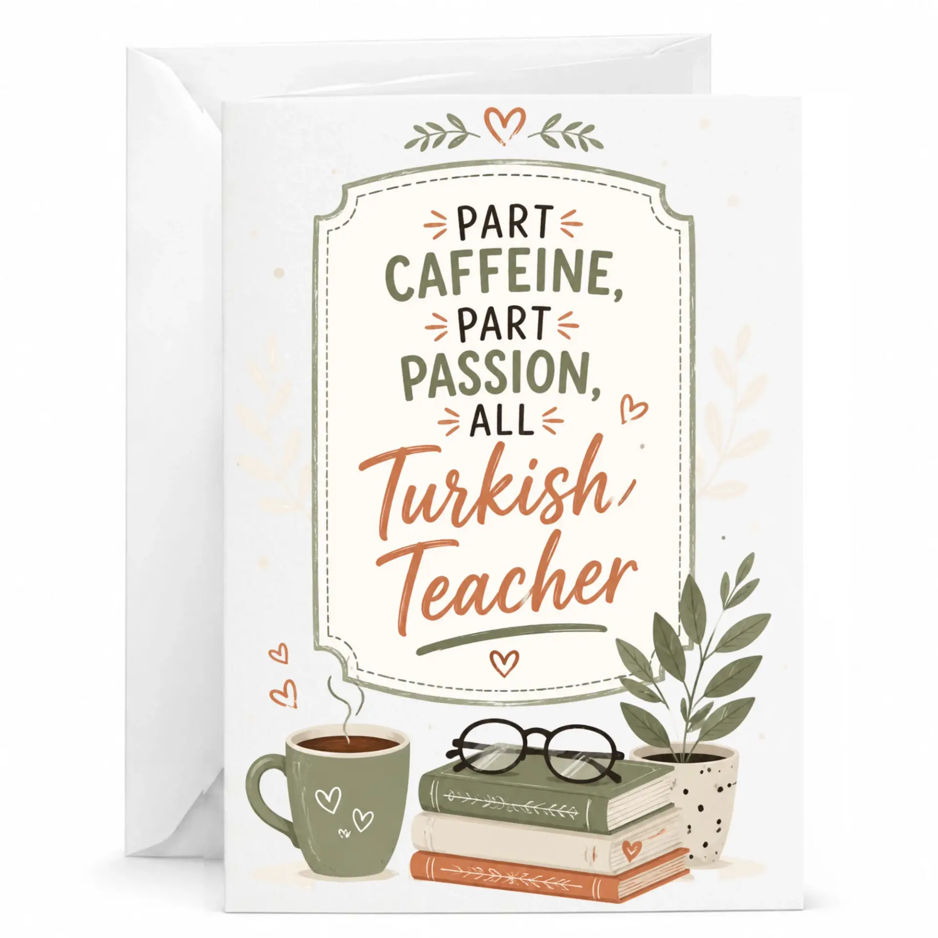 Greeting Card for Turkish Teacher Coffee Lover Theme with Books and Potted Plant Illustration Appreciation Gifts