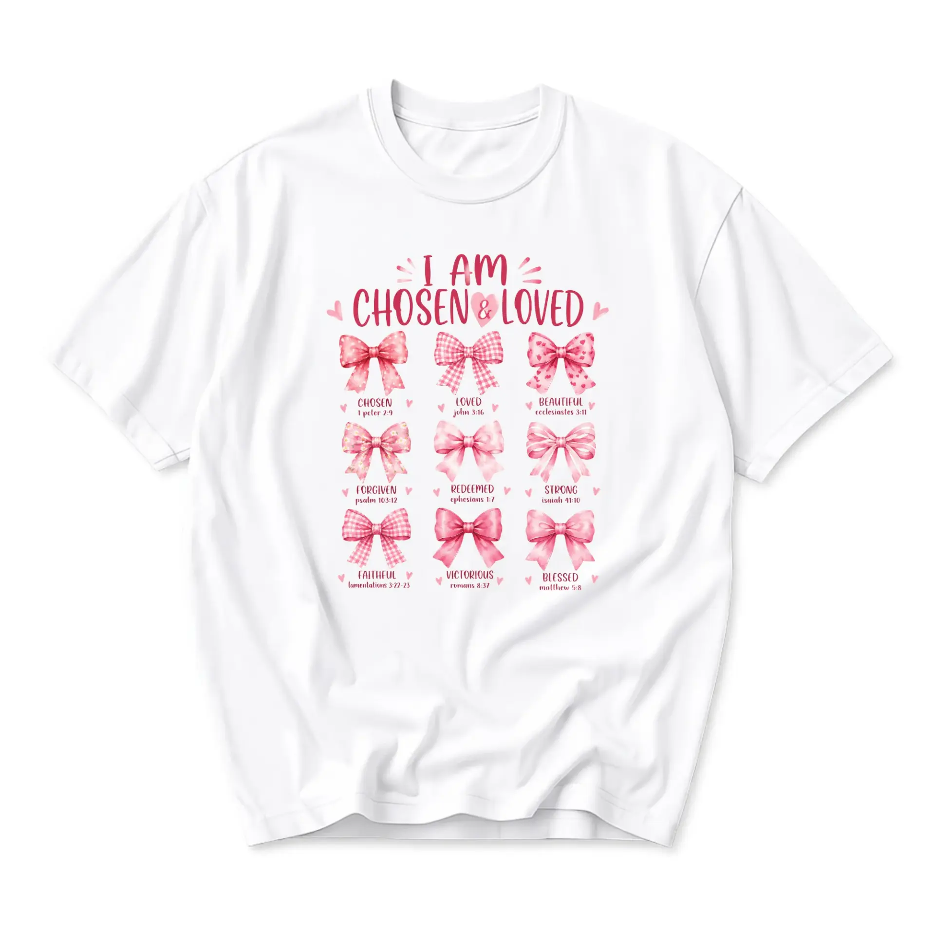 Graphic Tee I Am Chosen and Loved Pink Bow Design Unisex Casual Crew Neck T-Shirt for Everyday Comfort and Style