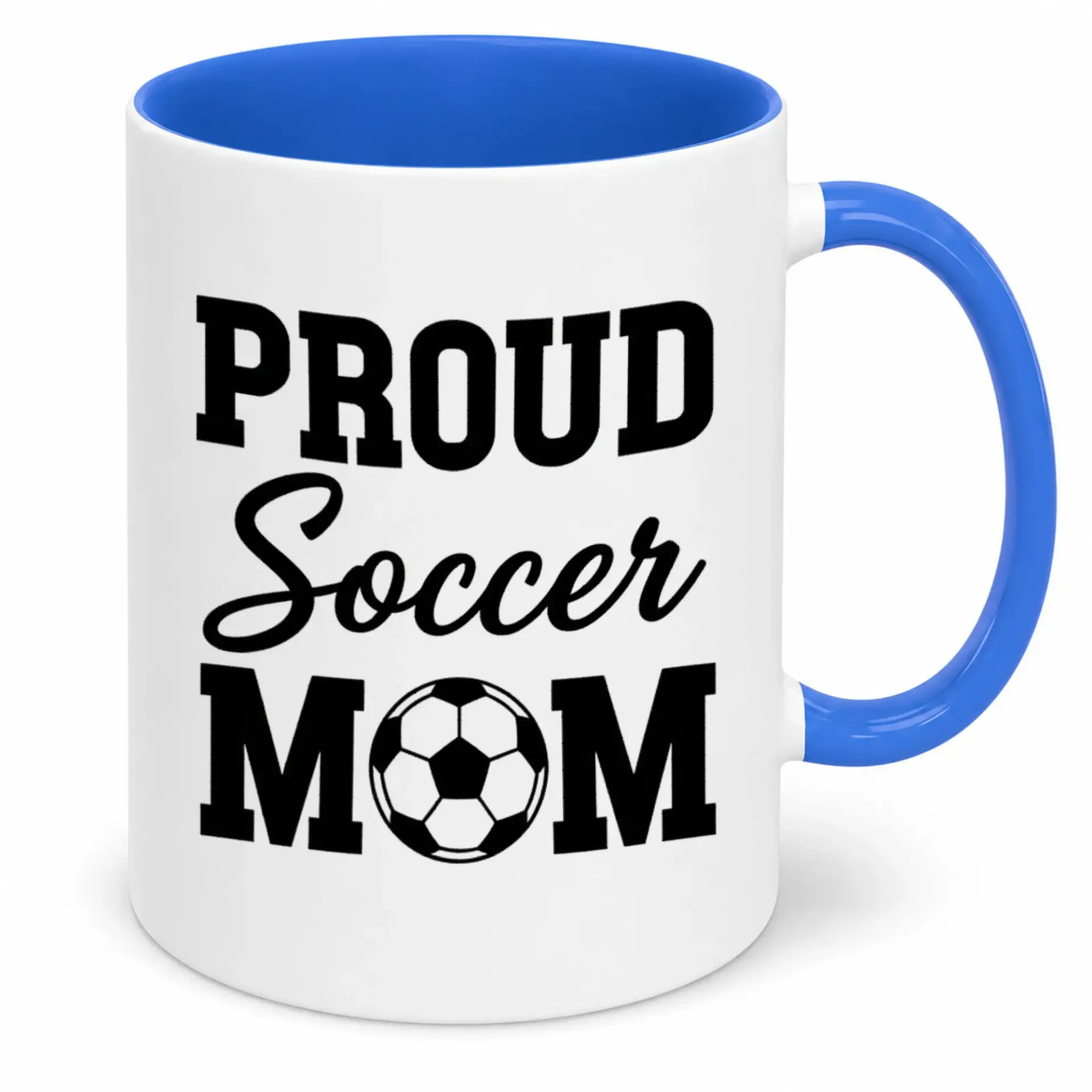 Proud Soccer Mom Ceramic Coffee Mug with Fun Sports Fan Design 11oz or 15oz White & Blue Two-Tone Beverage Cup Ideal Gift for Football Season