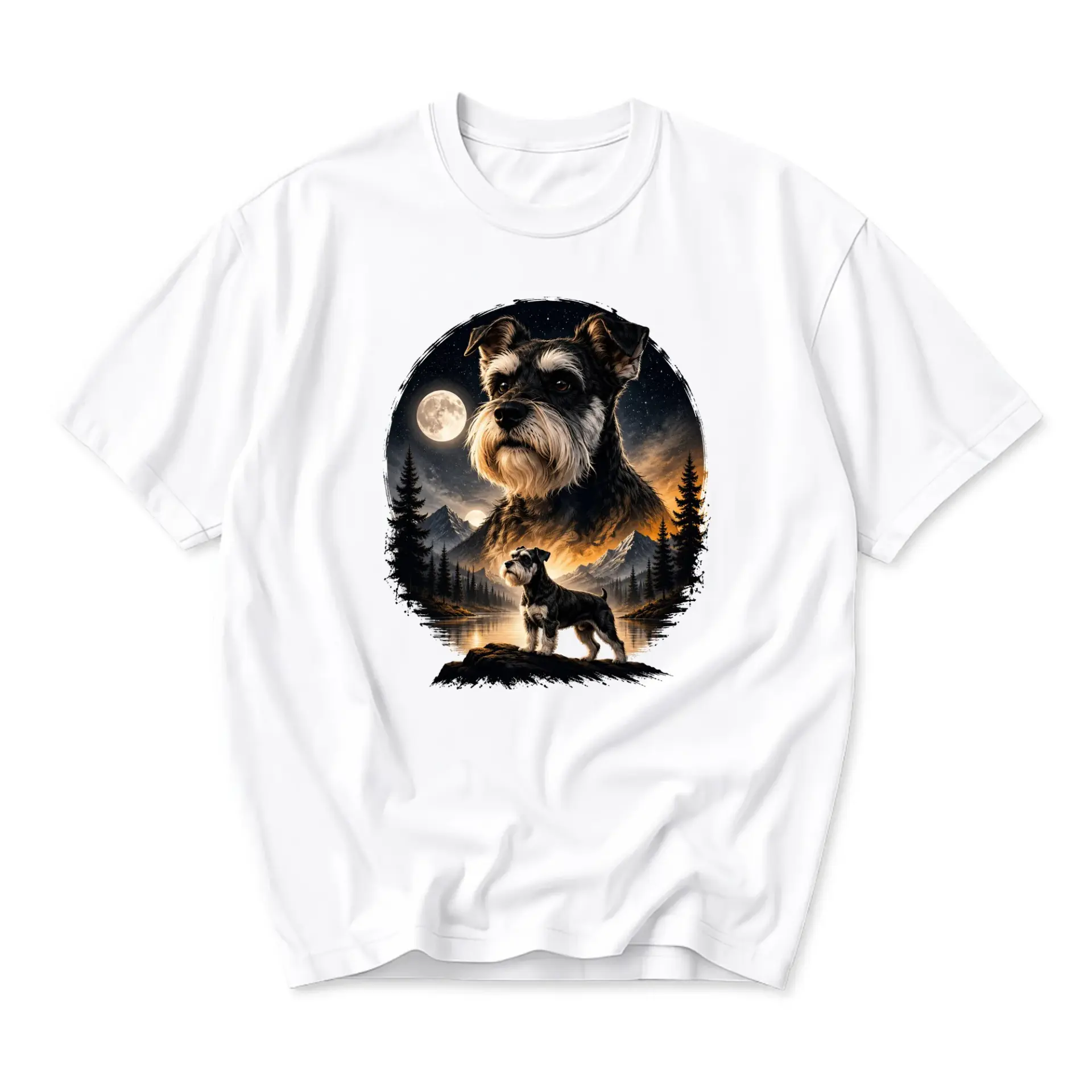 T-shirt with Schnauzer Dog Graphic in Scenic Mountain Forest Art Print for