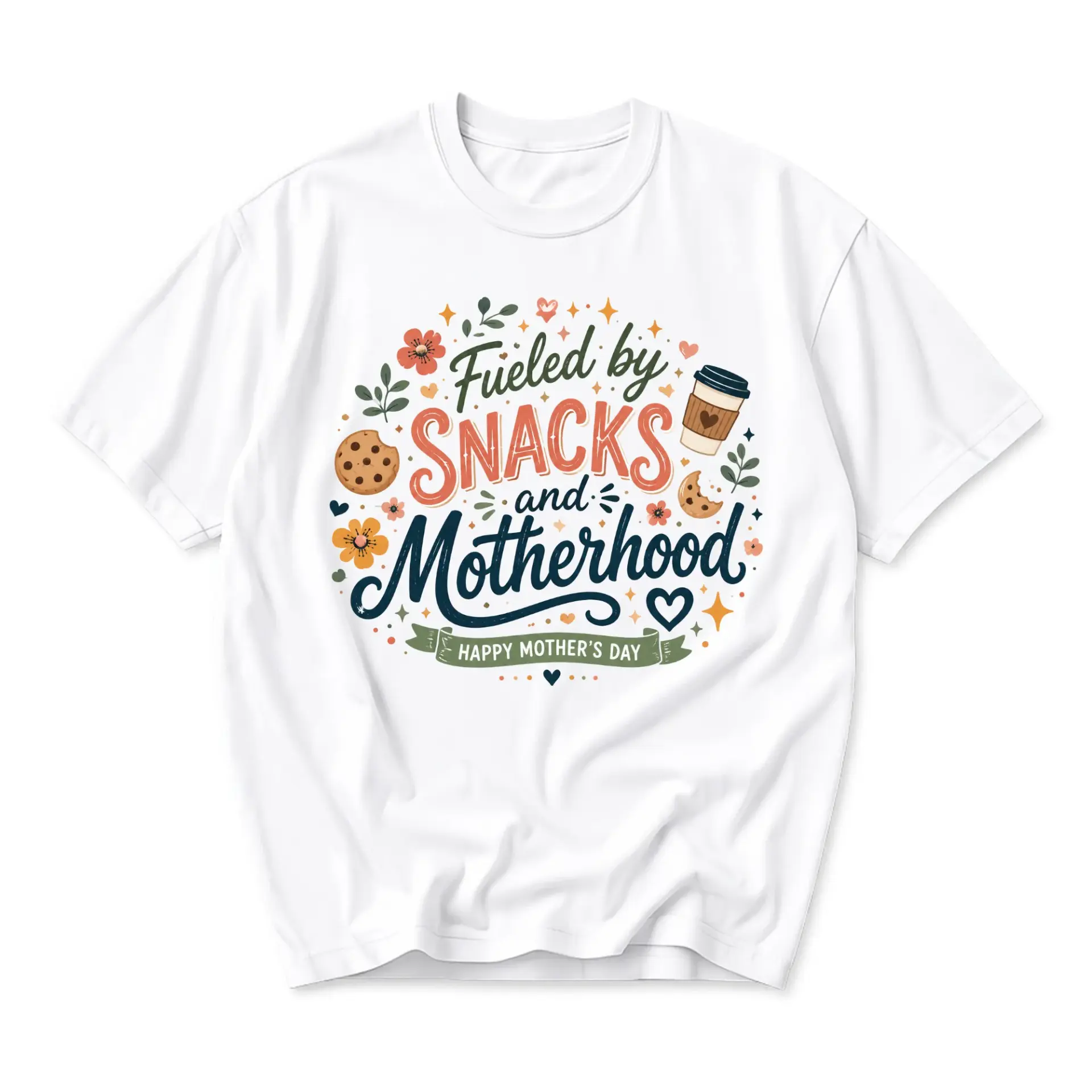 Funny Shirt Fueled by Snacks and Motherhood Graphic Tee Casual Unisex Crew Neck Top for Everyday Wear and Special Occasion