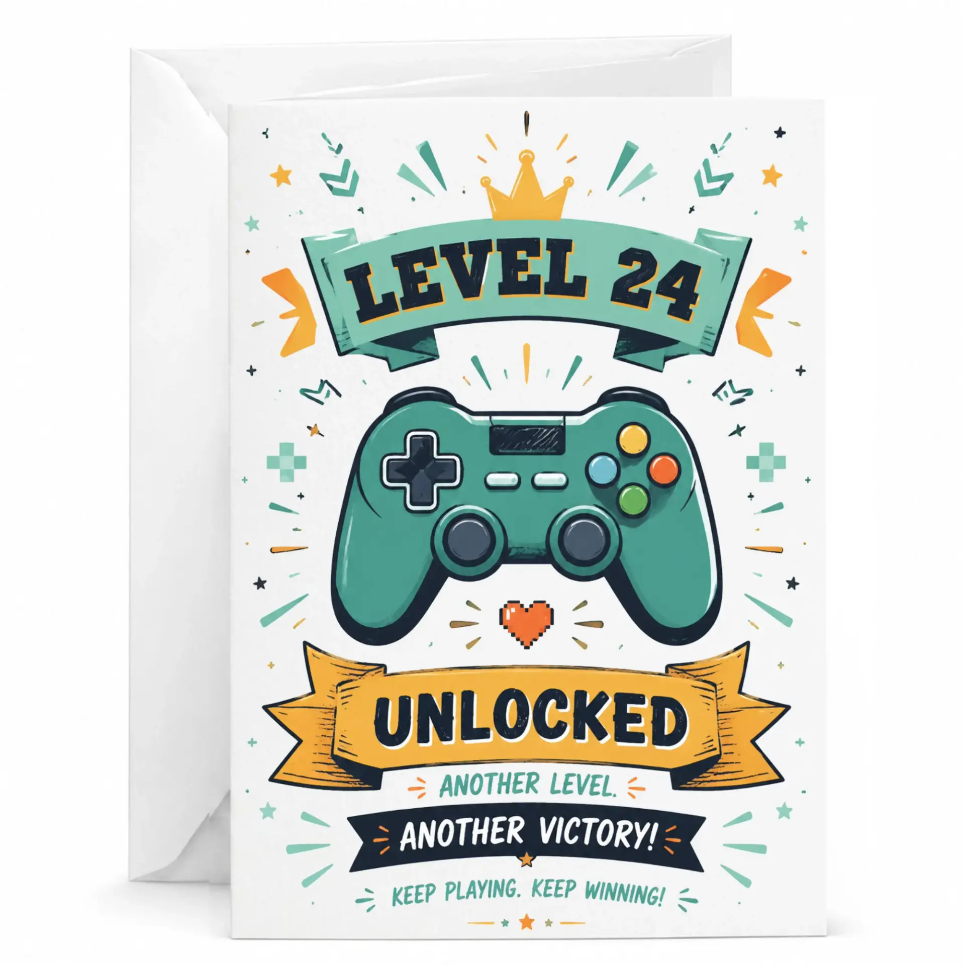 Birthday Card Level 24 Unlocked Funny Gaming Themed Greeting Card for Twenty-Fourth Birthday Celebration with Envelope