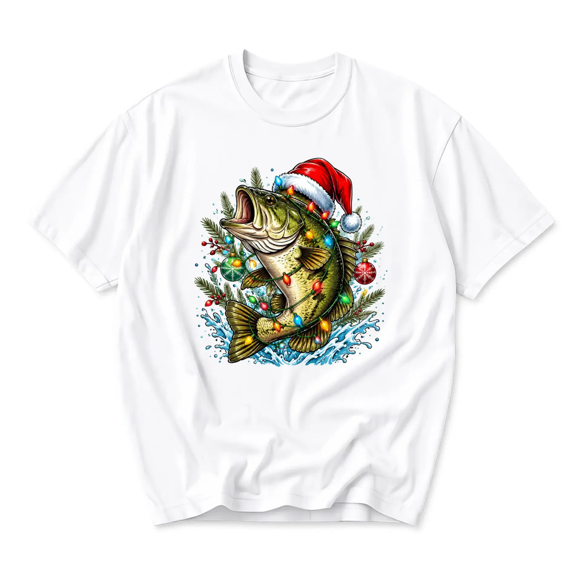 Graphic Tee Christmas Fishing Shirt Fish Wearing Santa Hat Holiday Festive Apparel for Outdoor Enthusiasts