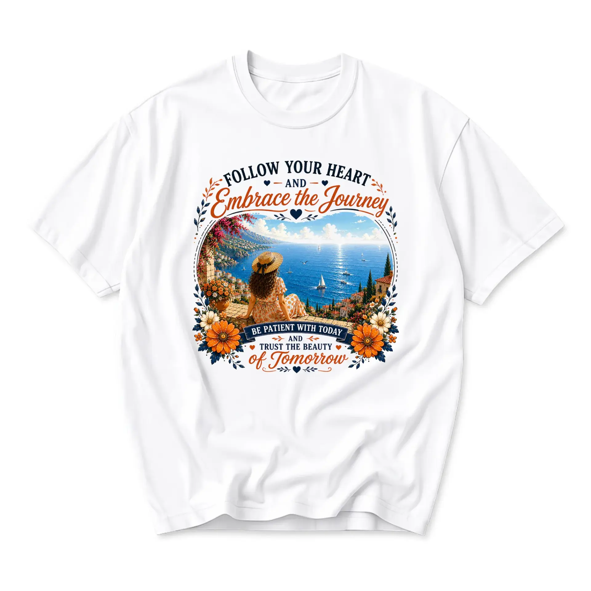 Graphic Tee Follow Your Heart Embrace the Journey Inspirational Coastal View Printed Unisex Crew Neck T-Shirt
