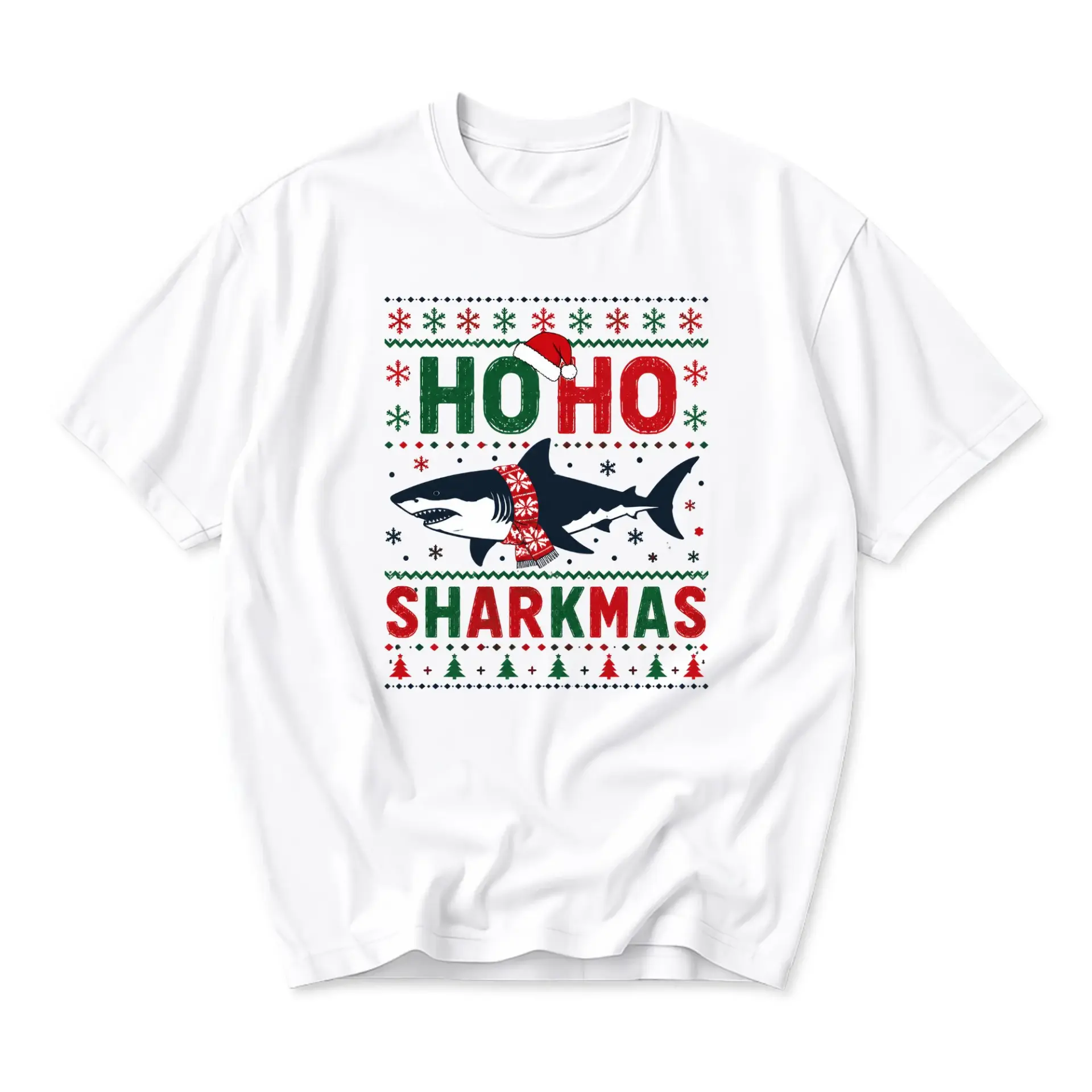 Funny Shirt Sharkmas Holiday Graphic Tee Unisex Short Sleeve Crew Neck Comfortable Casual Apparel White