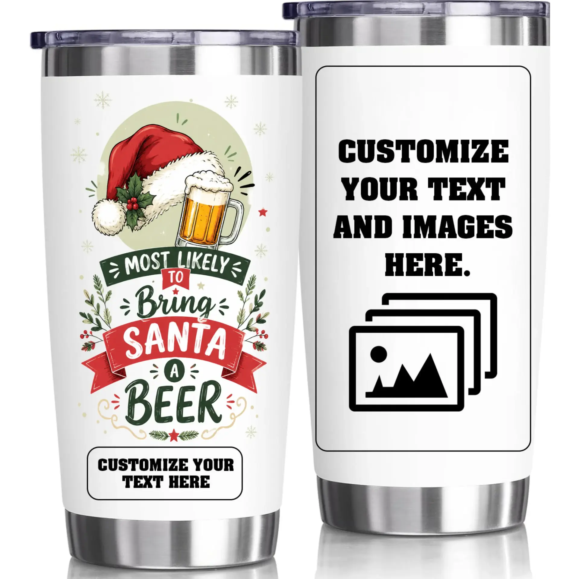 Stainless Steel Tumbler 20oz Personalized Holiday Travel Mug with Festive Beer Graphic and Custom Text Options