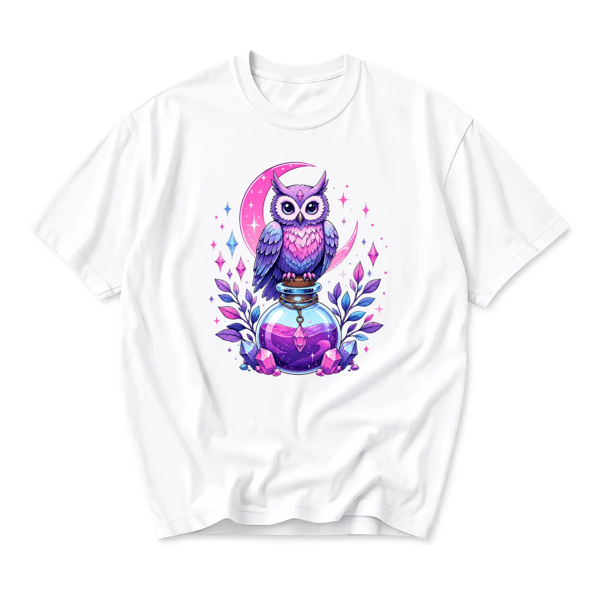 Graphic Tee Unisex Owl Crystal Moon Art Short Sleeve Casual Crew Neck Top Comfortable Cotton Blend Everyday Shirt