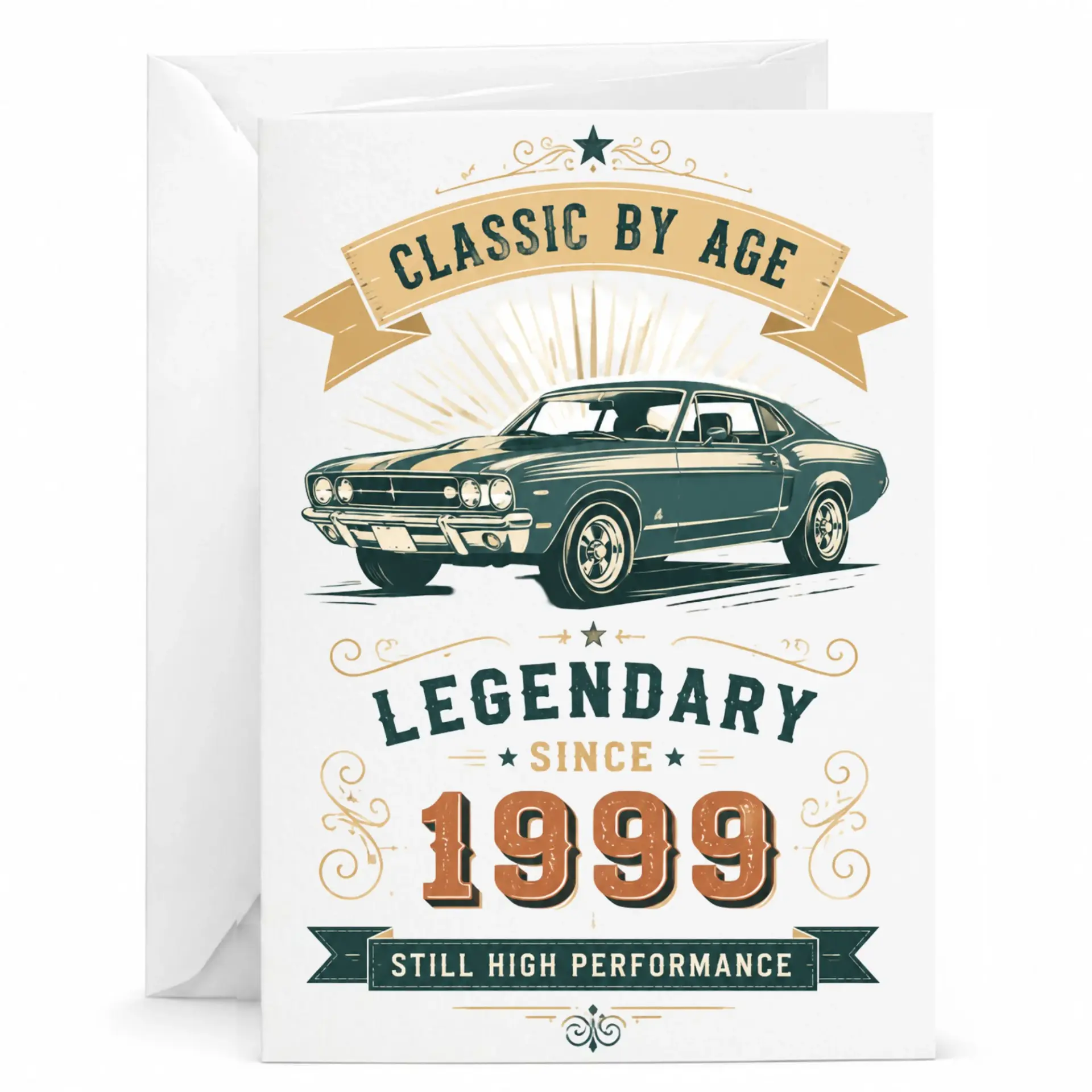 Birthday Card Classic by Age Legendary Since 1999 Vintage Car Theme Greeting Card with White Envelope for Milestone Birthdays