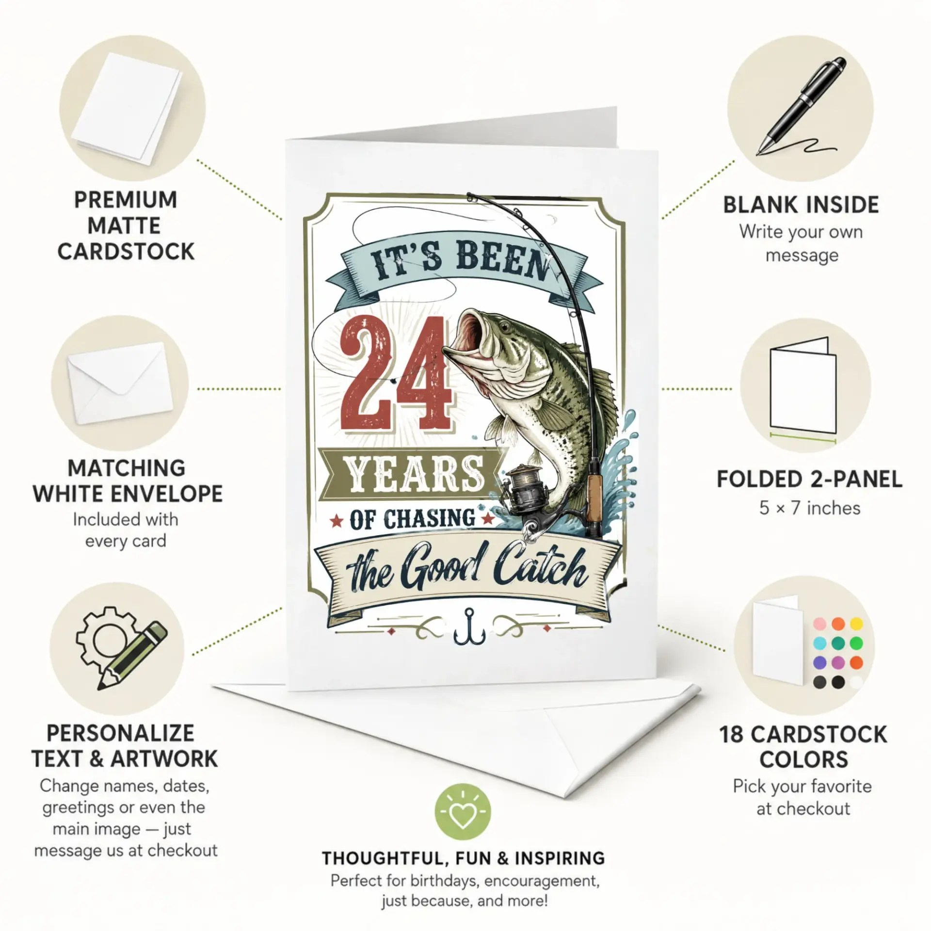Funny Fishing Themed Greeting Card 24th Anniversary Card for Fisherman or Angler with Matching Envelope 5x7 Inches