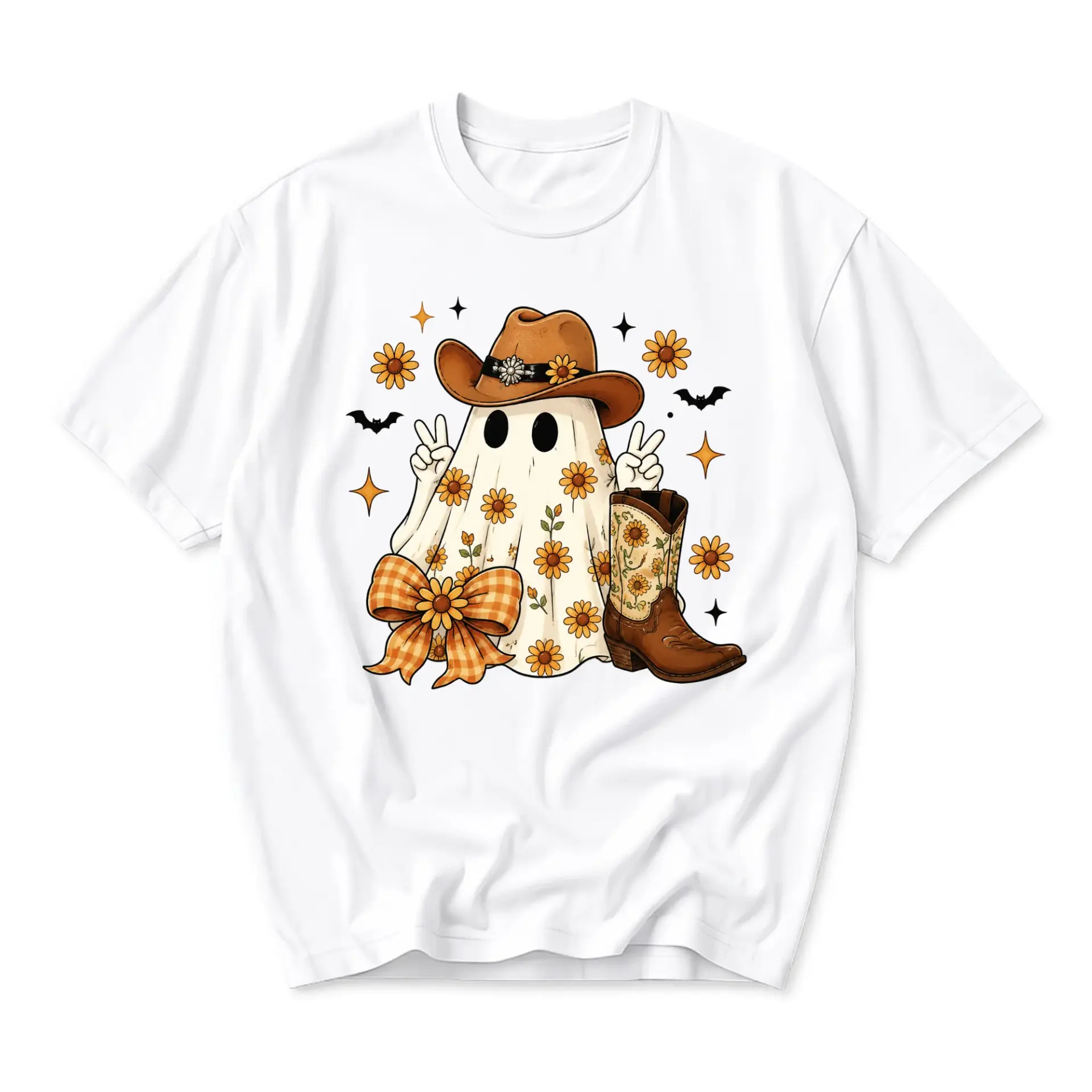 Graphic Tee Western Ghost Sunflower T-Shirt Country Halloween Crew Neck Casual Unisex Short Sleeve Cotton Shirt