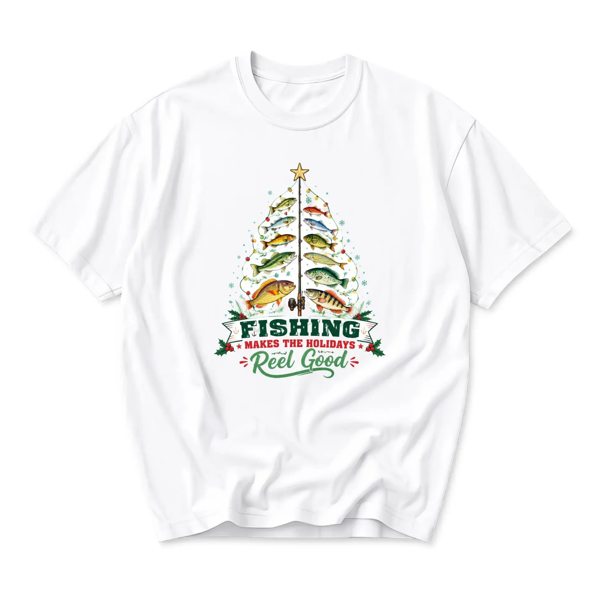 Funny Shirt Fishing Makes the Holidays Reel Good Christmas Tree Graphic Tee