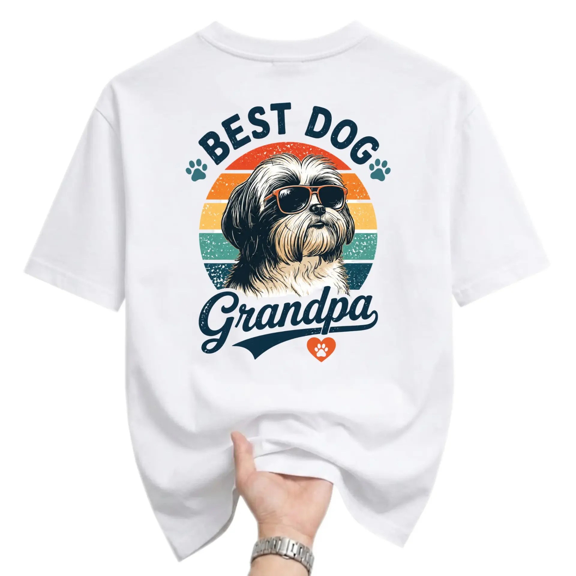 Funny Shirt Best Dog Grandpa Graphic Tee Retro Sunset Shih Tzu Lover Casual Crew Neck Unisex Cotton Blend T-Shirt