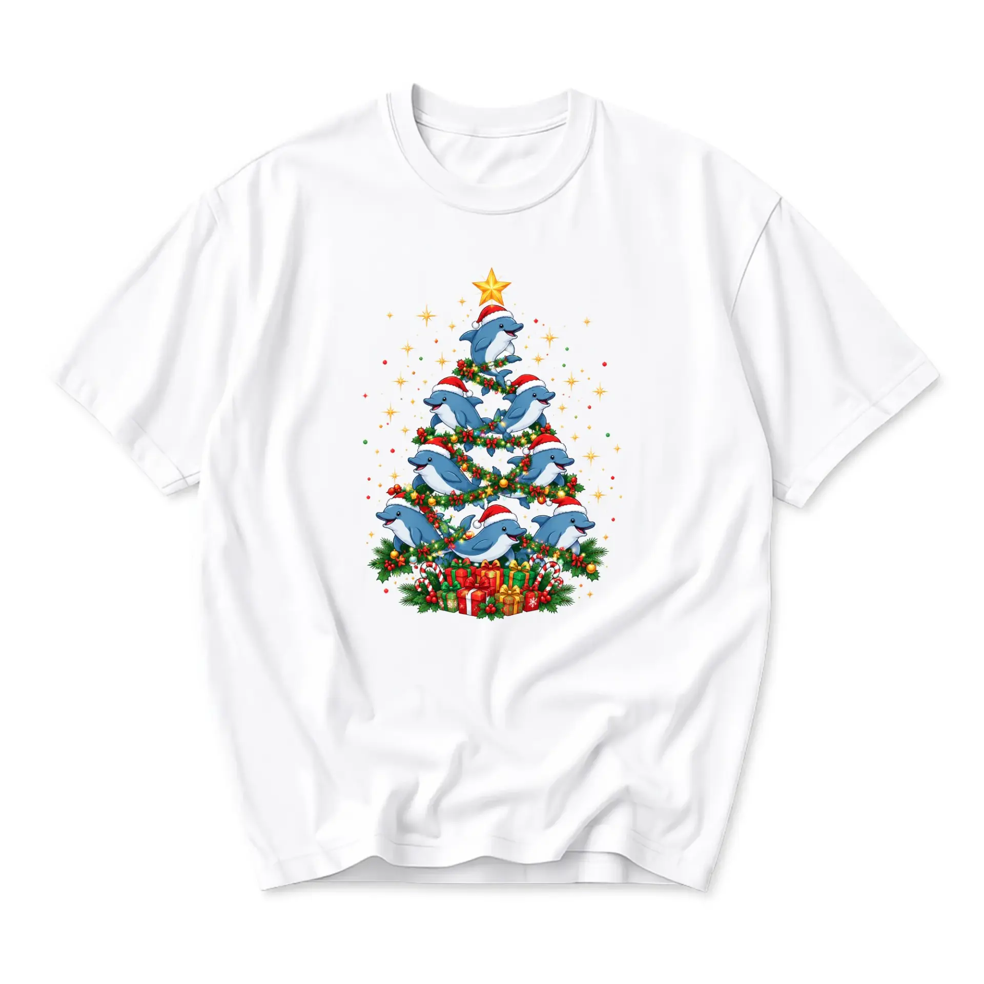 Graphic Tee Christmas Dolphin Tree Print Unisex Casual Crew Neck T-Shirt Soft Breathable Cotton Blend Everyday Top