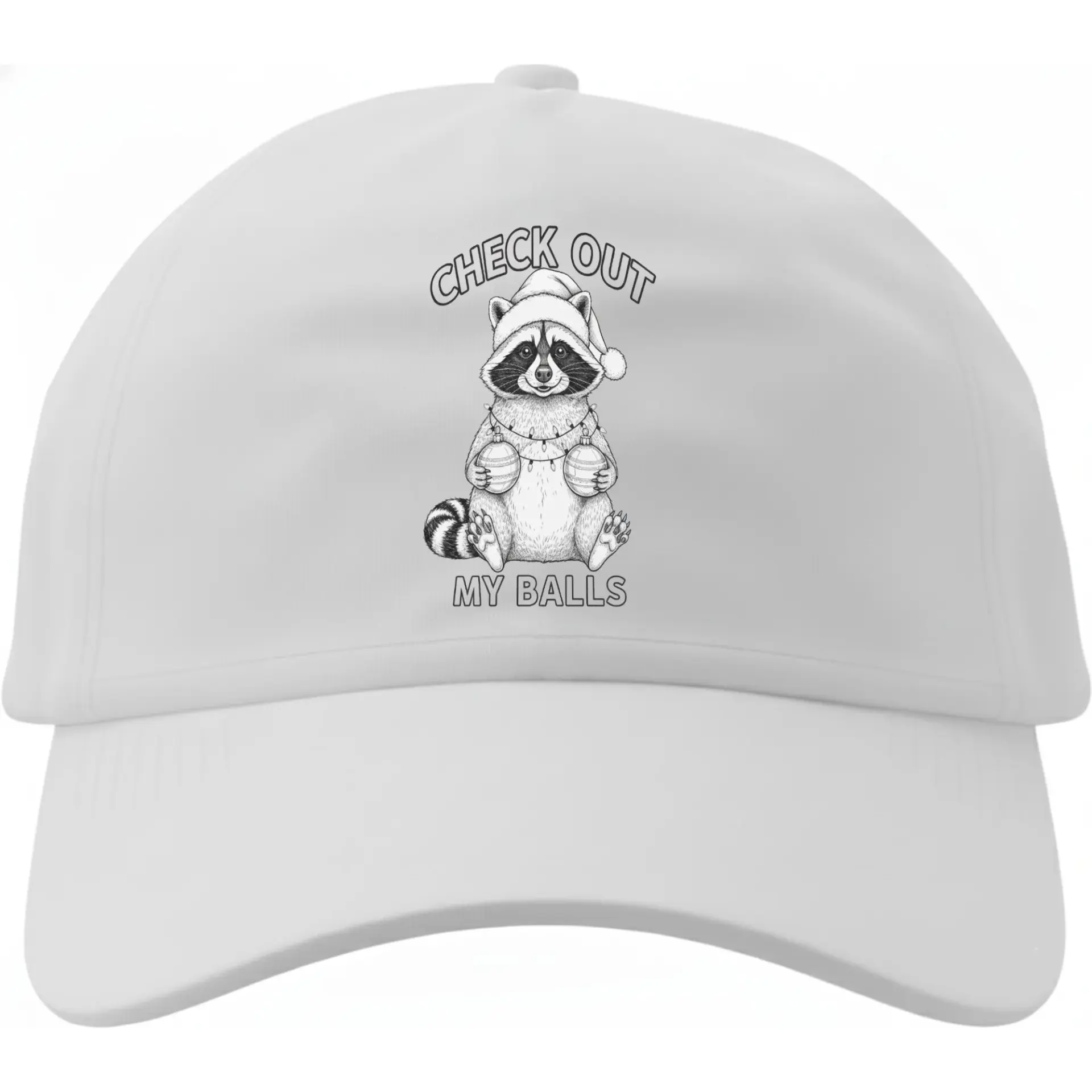 Dad Hat Baseball Cap Featuring Funny Raccoon Wearing Holiday Santa Hat and Holding Ornaments Humorous Graphic Design