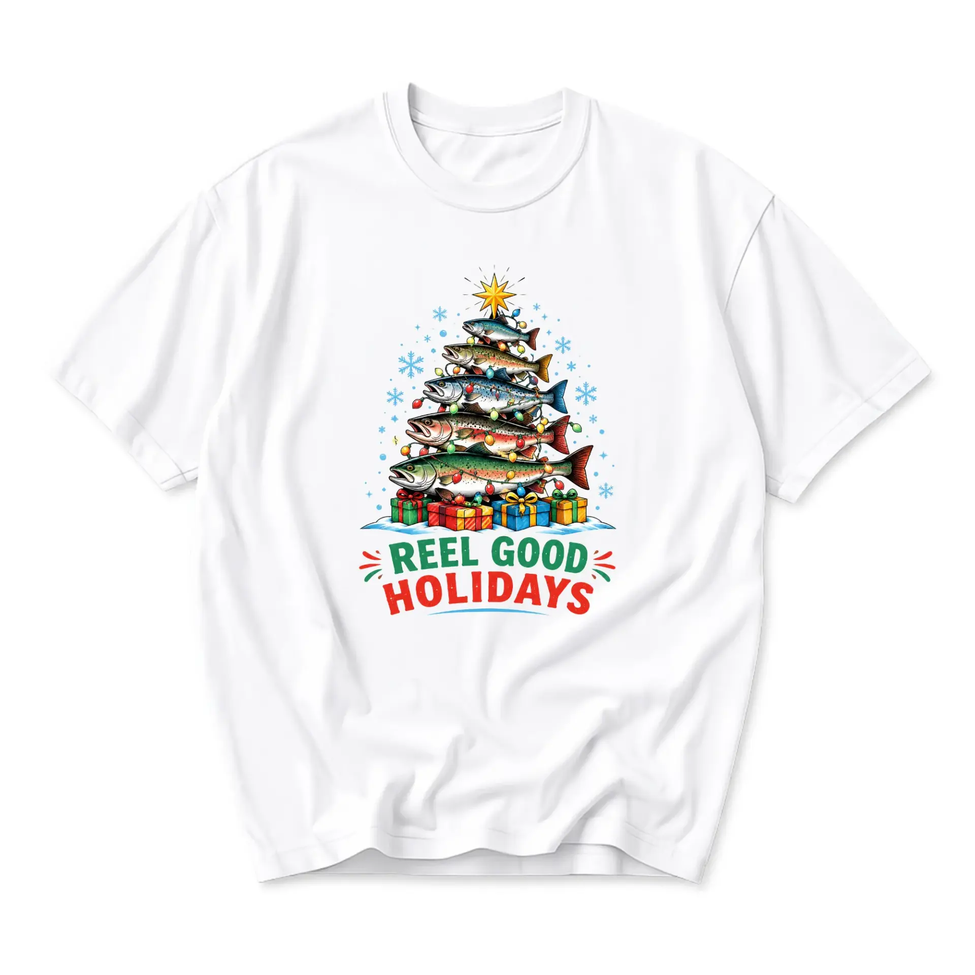 Funny Shirt Reel Good Holidays Fishing Christmas Tree Graphic Tee Unisex Casual Crew Neck Comfortable Cotton Blend