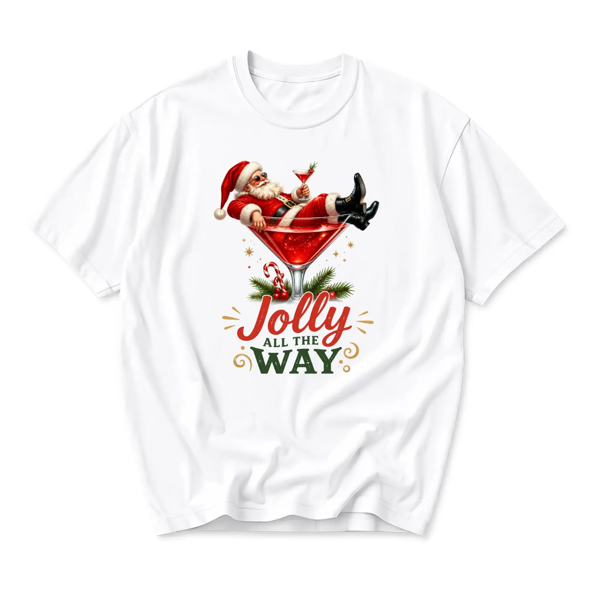 Funny Shirt Jolly All the Way Santa Claus Graphic Tee Unisex Crew Neck Short Sleeve Casual Holiday Apparel White