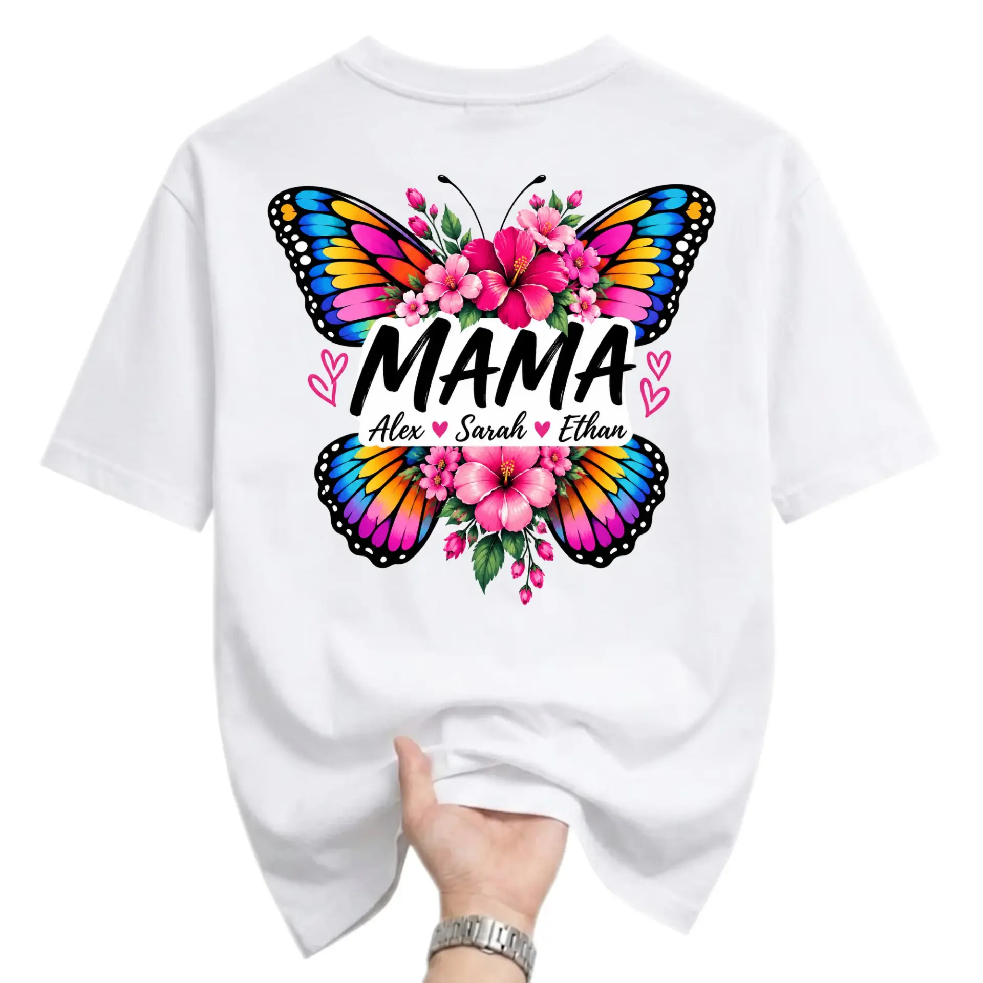 T-shirt Mama Butterfly Floral Graphic Tee Personalized Name Design Soft Preshrunk Cotton Everyday Casual Crew Neck
