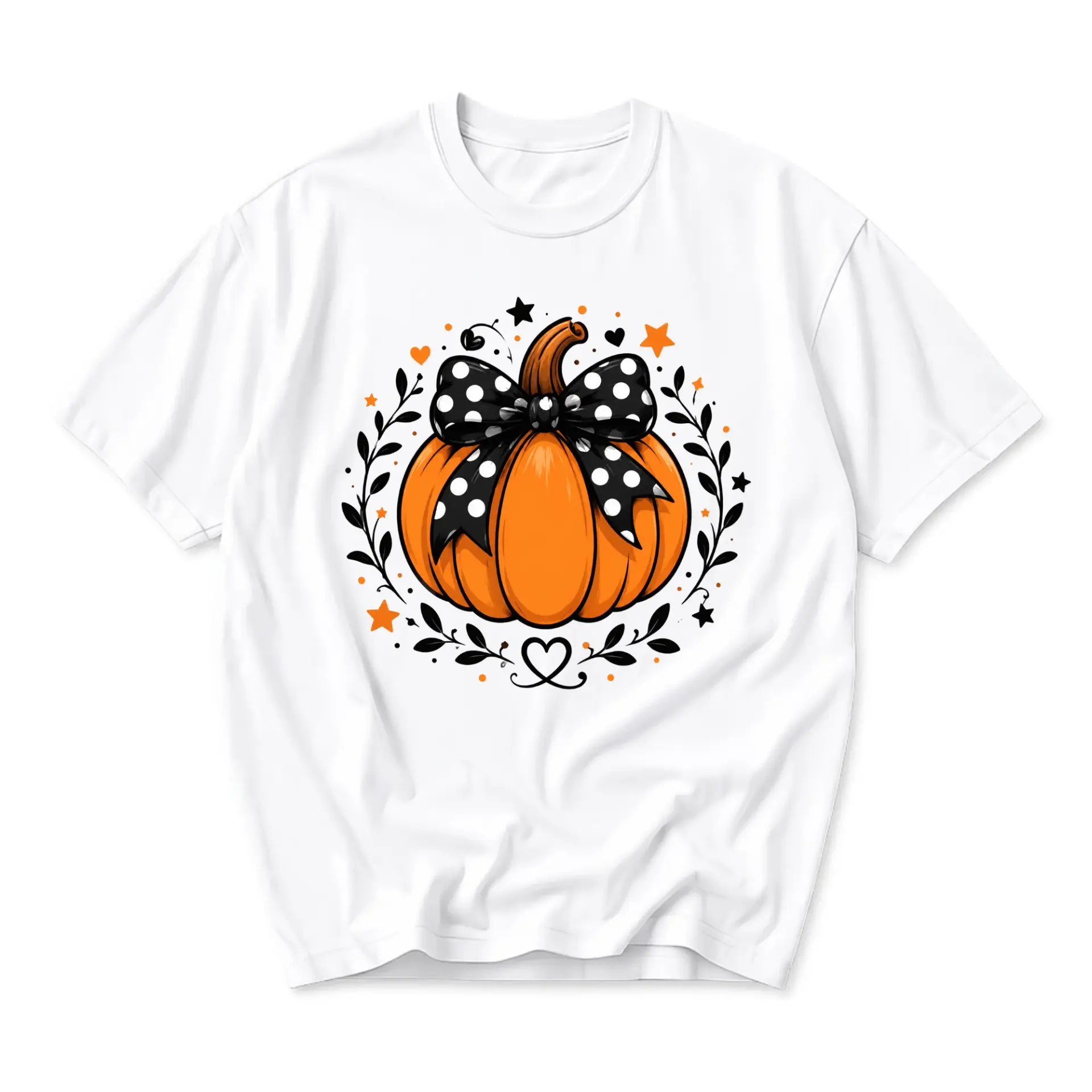 Graphic Tee Pumpkin with Polka Dot Bow Print Unisex Casual Crew Neck T-Shirt for Autumn Season Seasonal Outfit Style