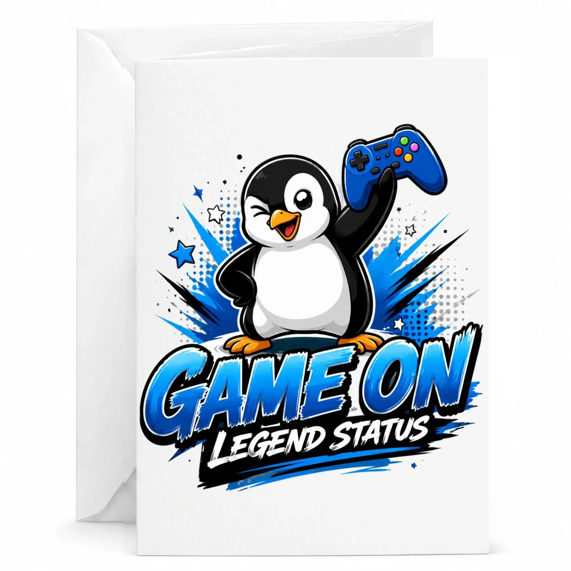 Funny Greeting Card Game on Legend Status Featuring a Cute Winking Penguin with a Gaming Controller Illustration