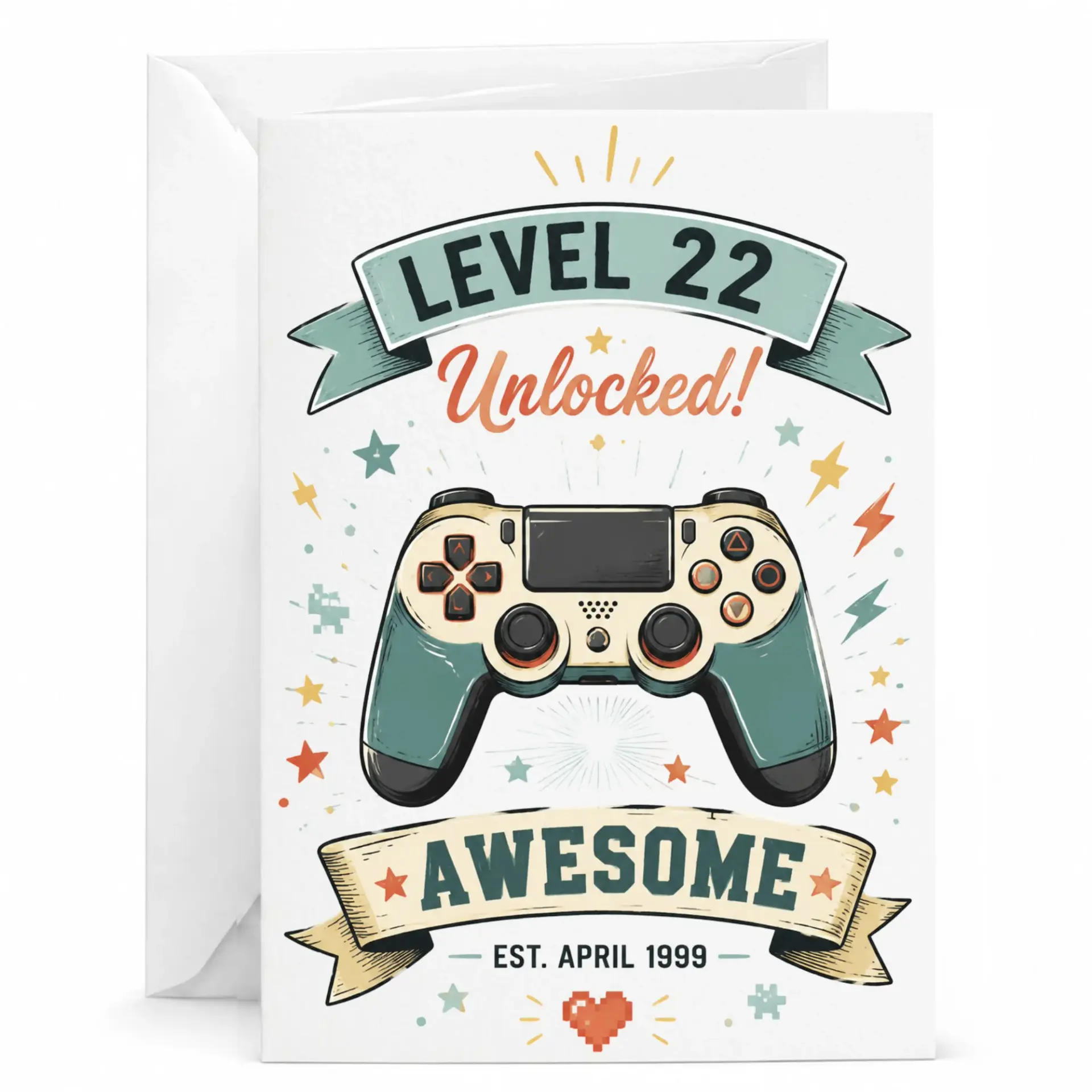 Funny Greeting Card Level 22 Unlocked Video Game Theme Birthday Card for Gaming Enthusiast with Matching Envelope