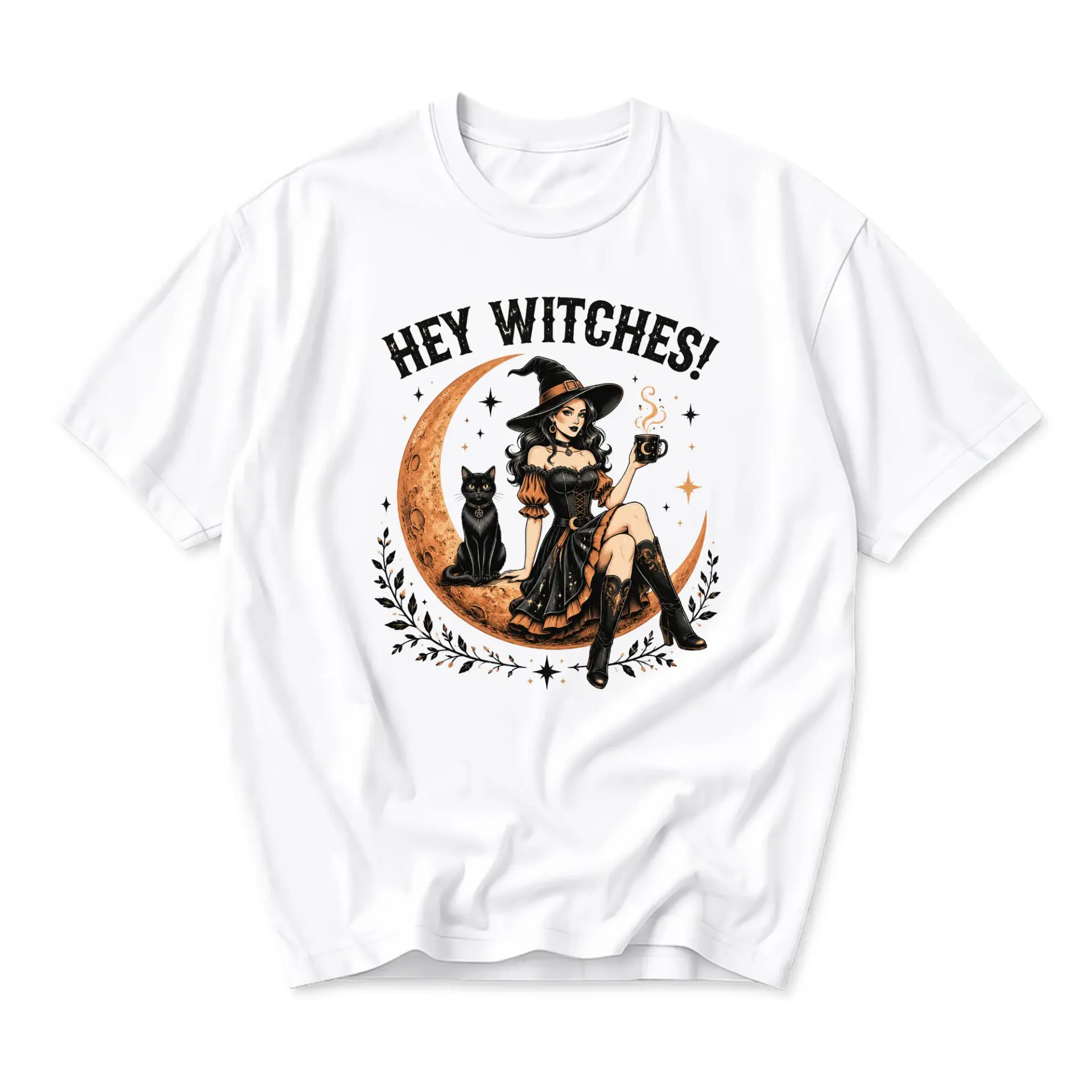 Graphic Tee Hey Witches Moon and Cat Print Unisex Crew Neck Casual Everyday Short Sleeve Cotton Blend Shirt