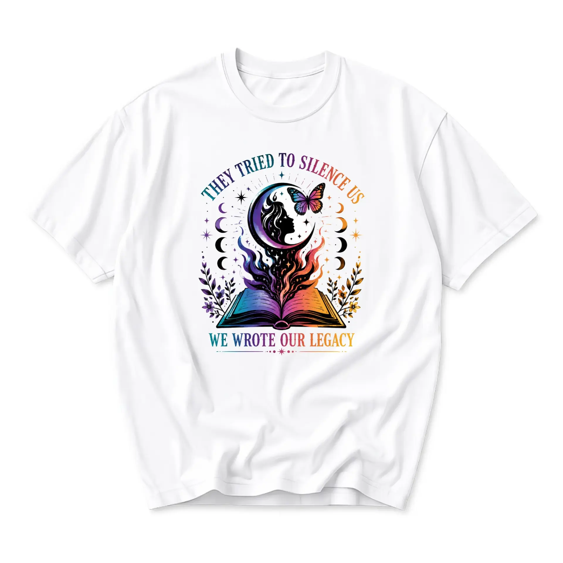 Graphic Tee They Tried to Silence Us We Wrote Our Legacy Celestial Book Motif Unisex Short Sleeve Crew Neck Shirt