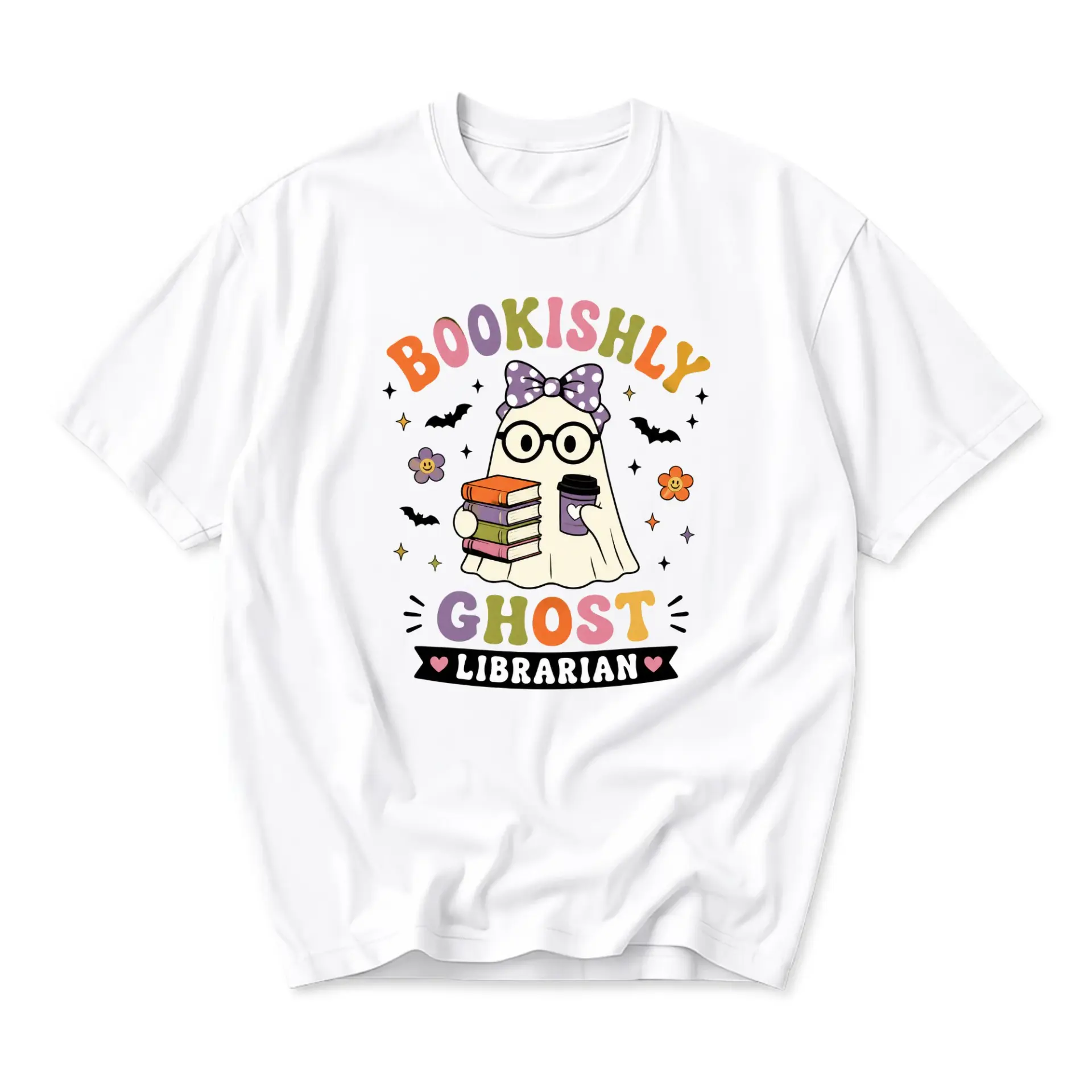Graphic Tee Bookishly Ghost Librarian Retro Style Unisex Crew Neck Short Sleeve Cotton Blend Casual Everyday Shirt