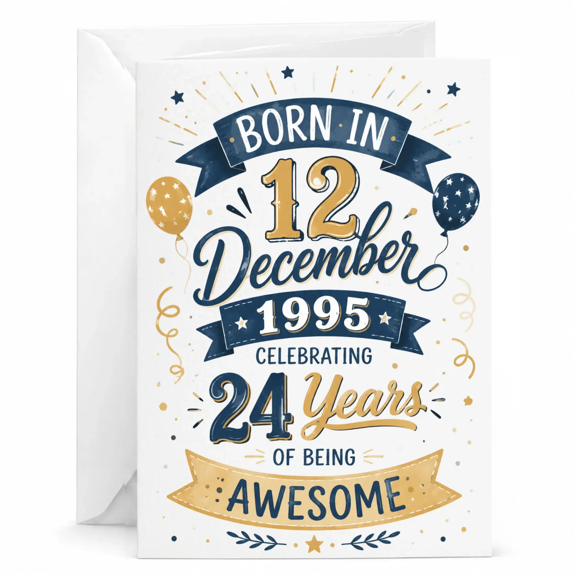 Birthday Card Born in December 12 1995 Celebrating 24 Years of Being Awesome Navy and Gold Party Theme Greeting Card