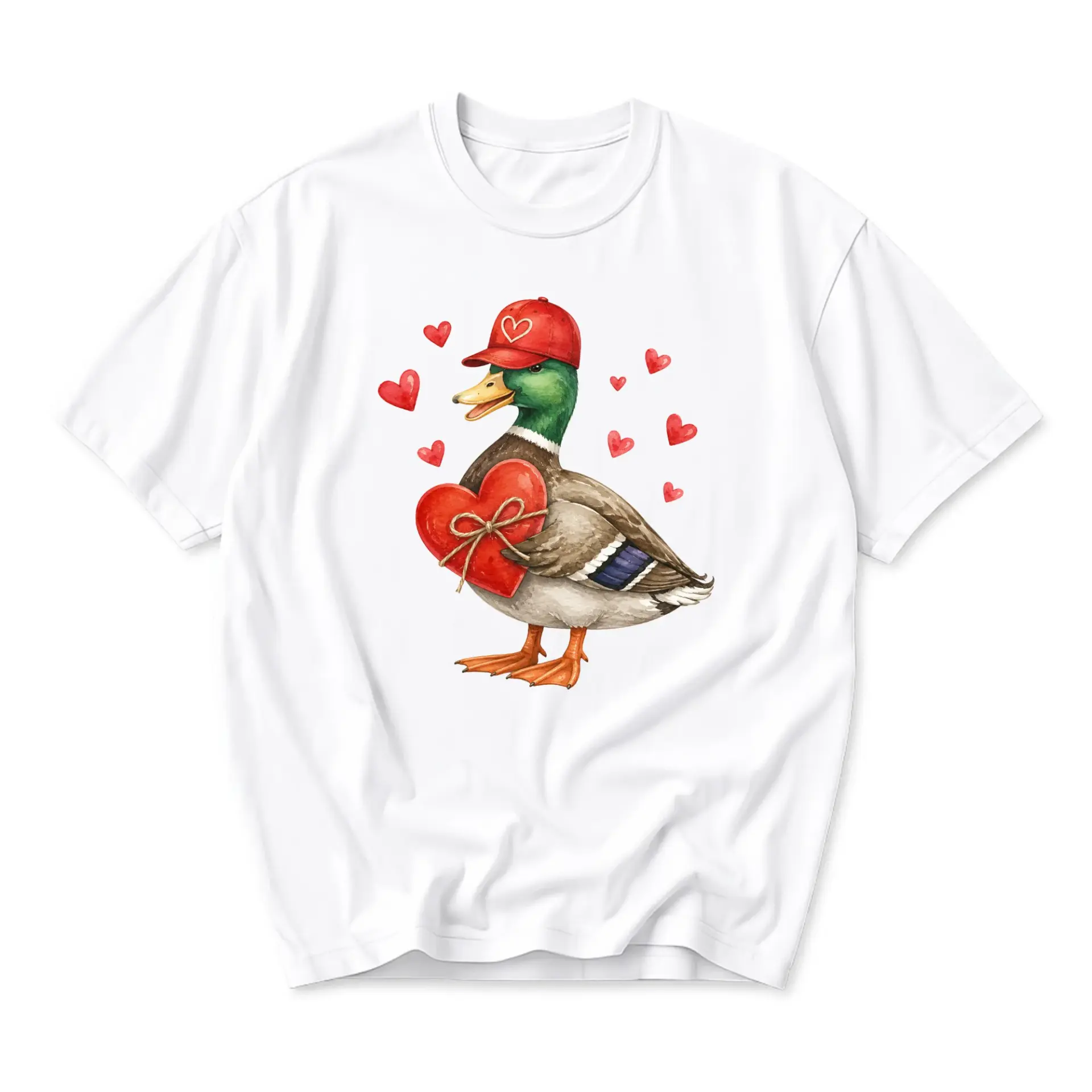 Graphic Tee Duck Wearing Red Baseball Cap Holding a Heart Illustration Unisex Casual Crew Neck Soft Cotton Shirt