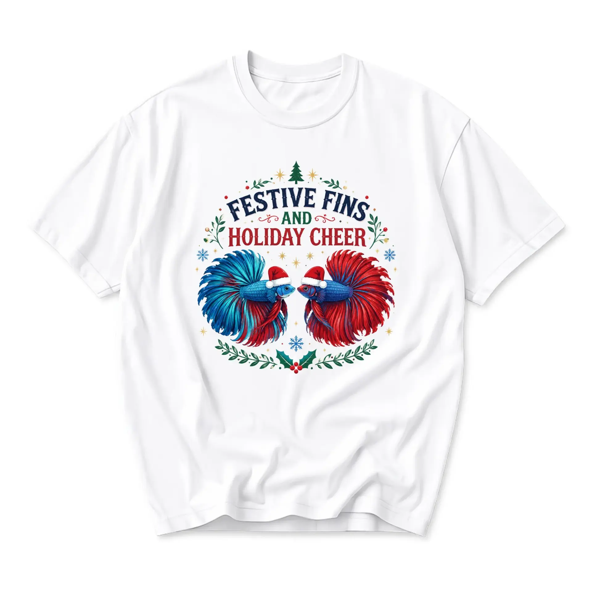Funny Shirt Festive Fins and Holiday Cheer Graphic Tee Unisex Crew Neck Short Sleeve Casual Cotton Apparel