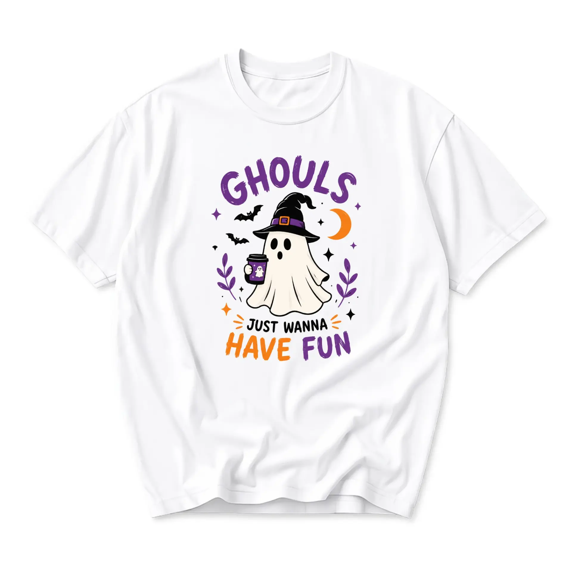 Funny Shirt Ghouls Just Wanna Have Fun Graphic Tee Cute Ghost Design Casual Unisex Crew Neck Short Sleeve Top