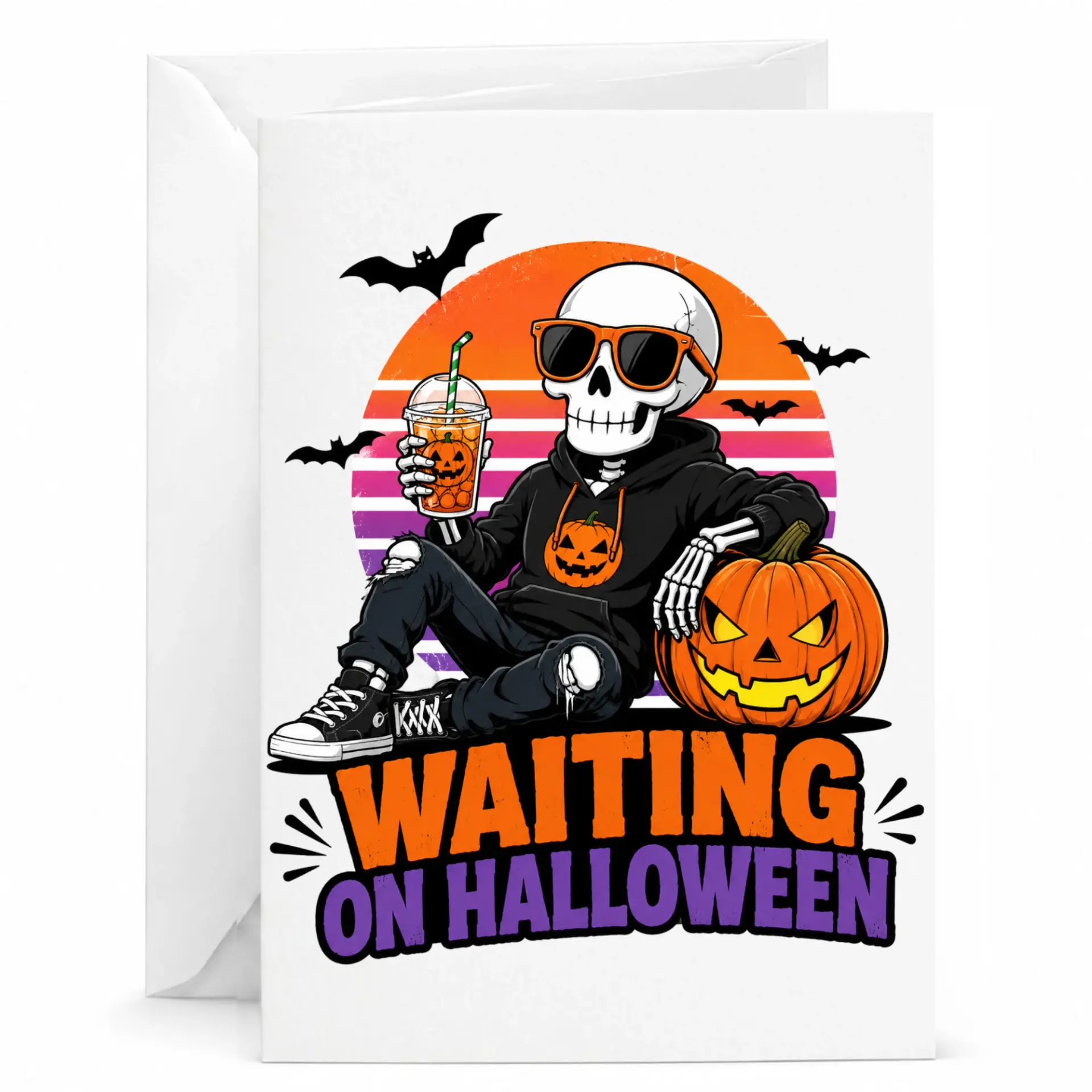 Funny Greeting Card Waiting on Halloween Featuring a Relaxed Skeleton Drinking Iced Pumpkin Beverage in Retro Sunset