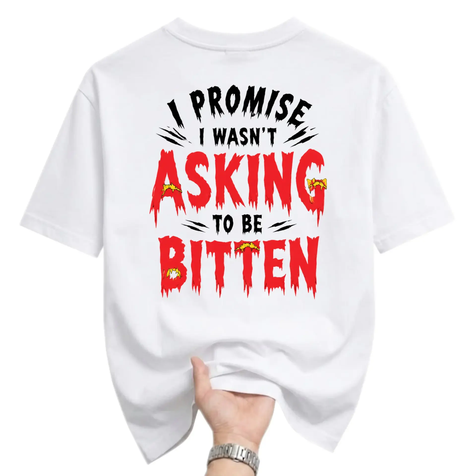 Funny Shirt I Promise I Wasn't Asking to Be Bitten Graphic Tee Unisex Crew Neck Short Sleeve Casual Cotton Top