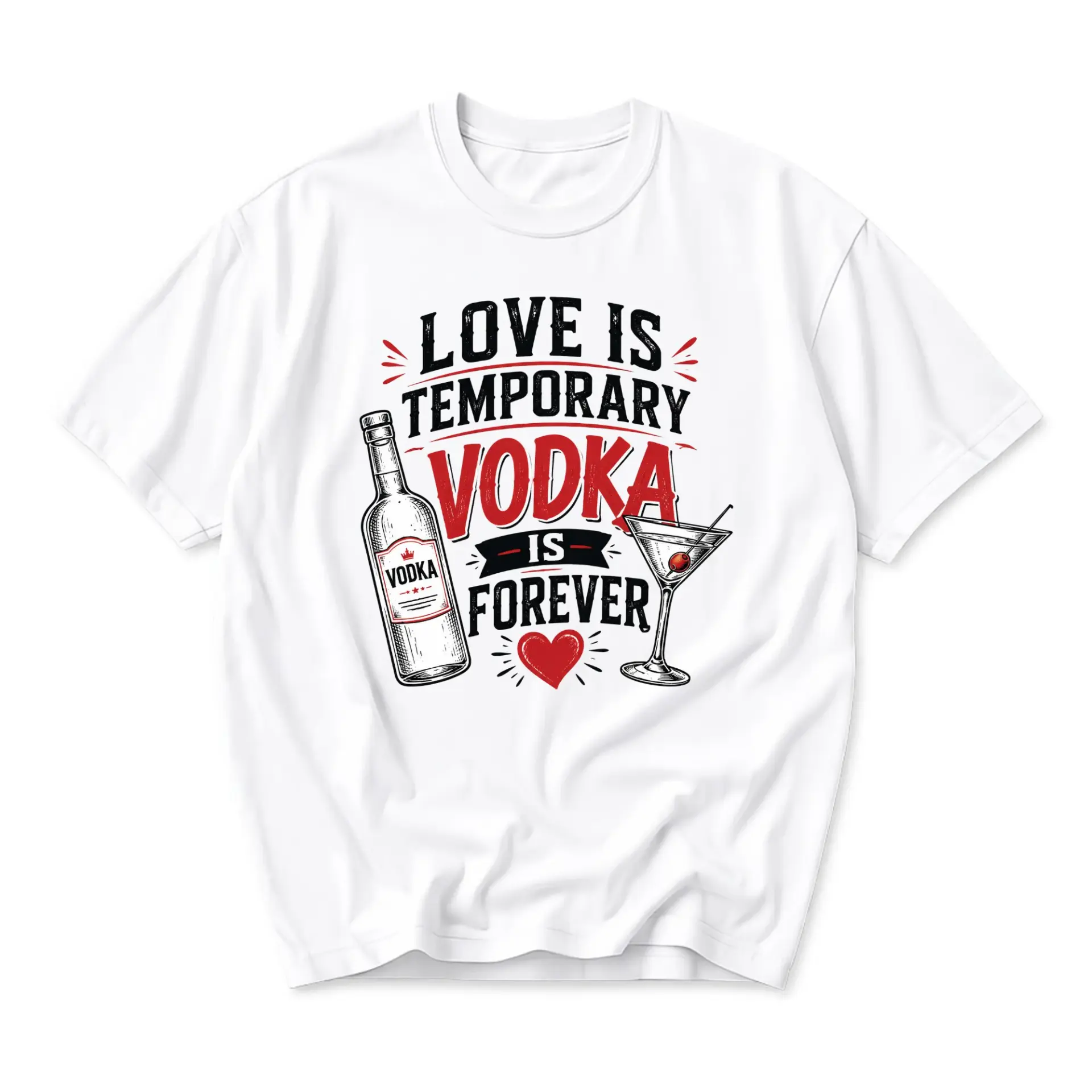 Funny Shirt Love Is Temporary Vodka Is Forever Graphic Tee Unisex Casual Crew Neck Apparel for Parties and Daily Wear