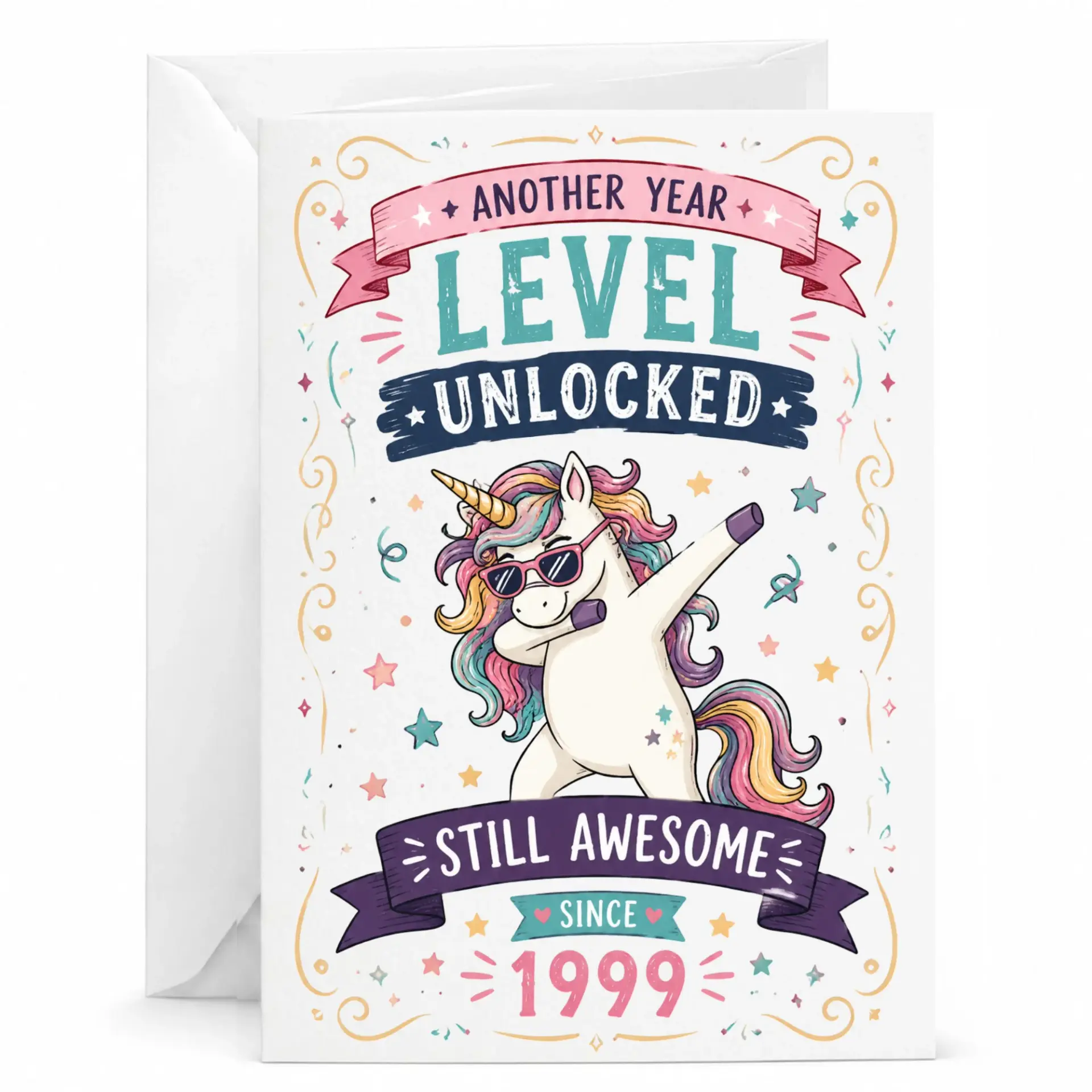 Birthday Card Funny Level Unlocked Unicorn Design, Milestone Birthday Greeting Card with Envelope for 1999 Birth Year