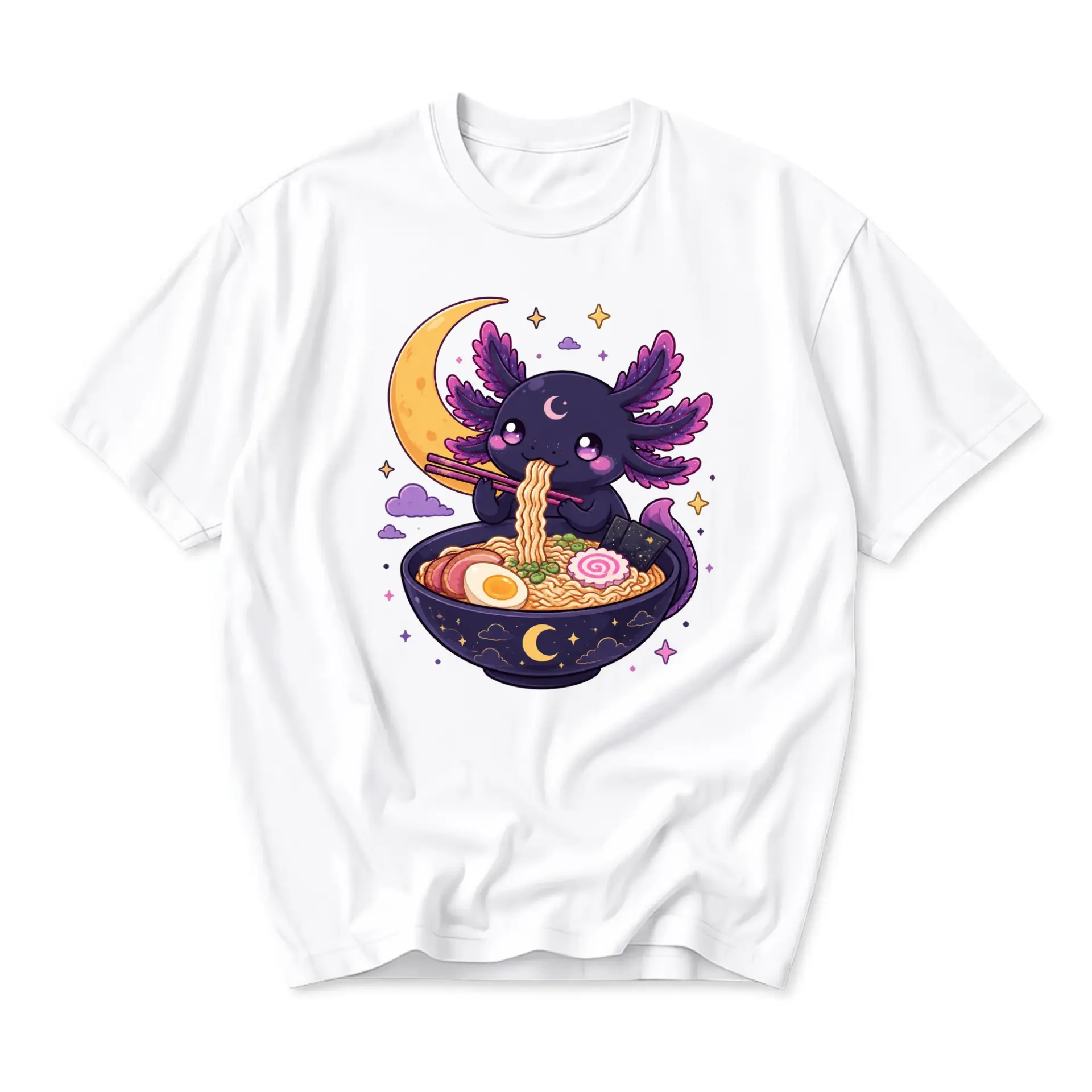 Graphic Tee Unisex Crew Neck T-Shirt Featuring Cute Axolotl Eating Ramen Noodles with Moon and Stars Illustration