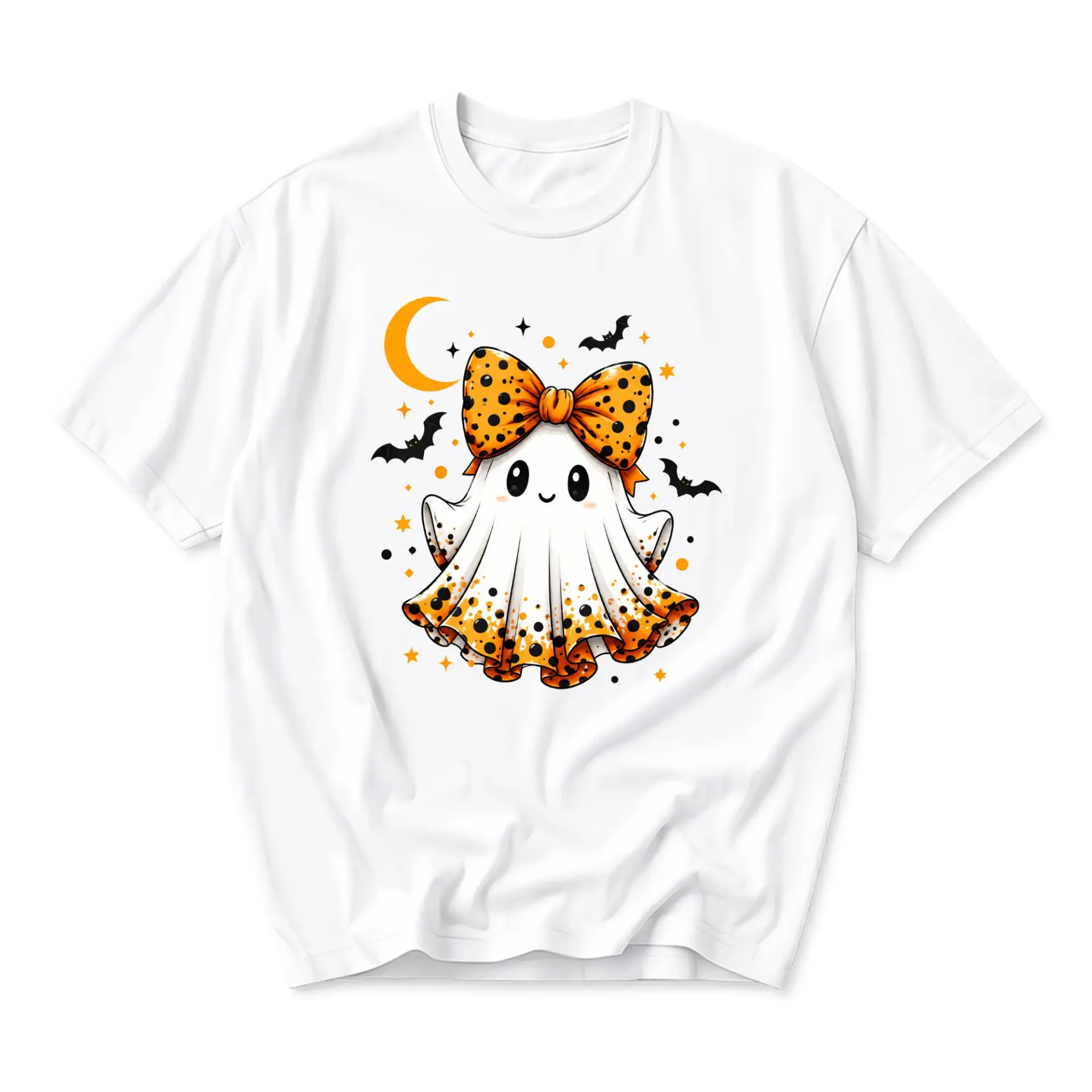 Graphic Tee Cute Ghost Wearing Polka Dot Bow Halloween Print Unisex Casual Short Sleeve Crew Neck Cotton T-Shirt
