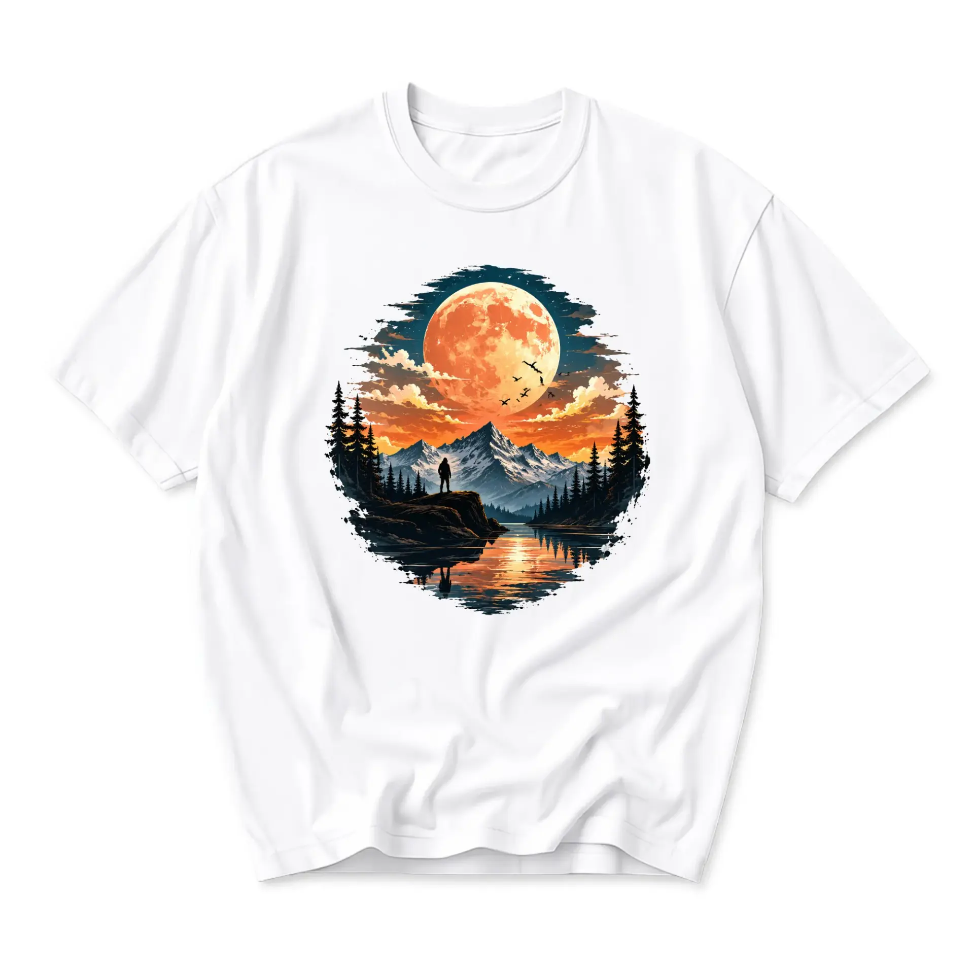 Graphic Tee Mountain Lake Moon Scene Unisex Crew Neck Short Sleeve Casual Cotton Blend Apparel for Outdoor Lovers